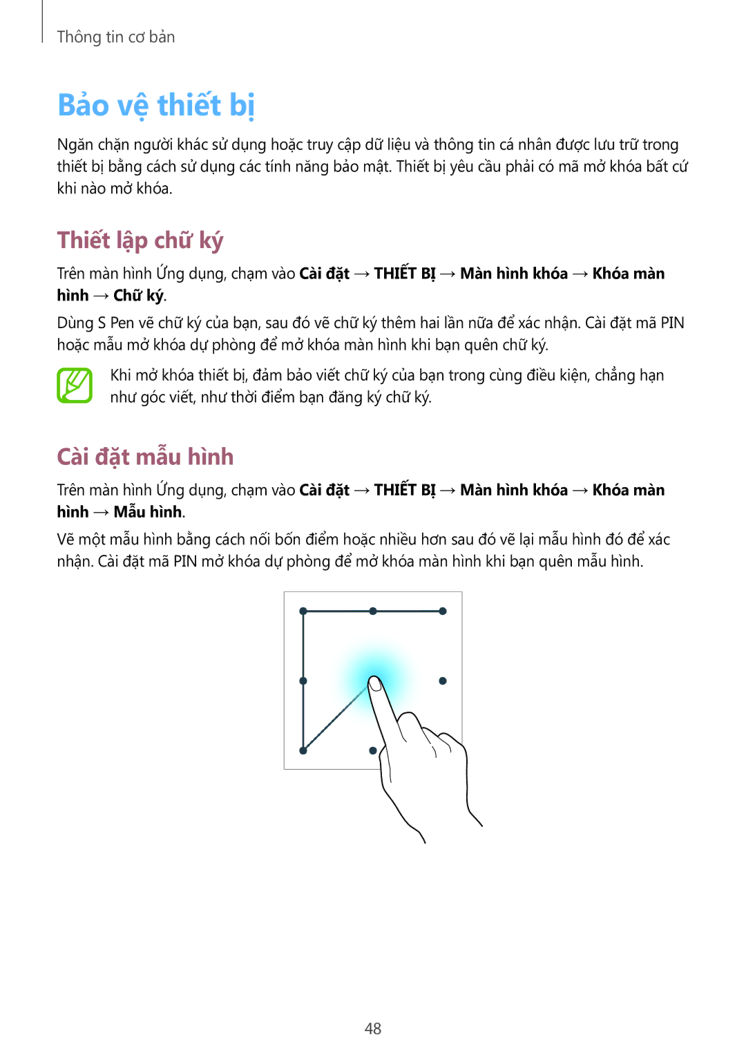 Samsung SM-P6010ZKAXXV, SM-P6010ZWAXXV manual Bảo vệ thiết bị, Thiết lập chữ ký, Cài đặt mẫu hình 