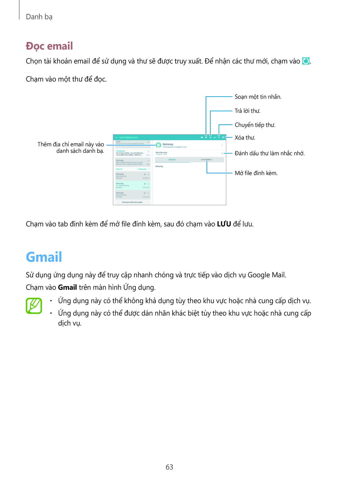 Samsung SM-P6010ZWAXXV, SM-P6010ZKAXXV manual Gmail, Đọc email 
