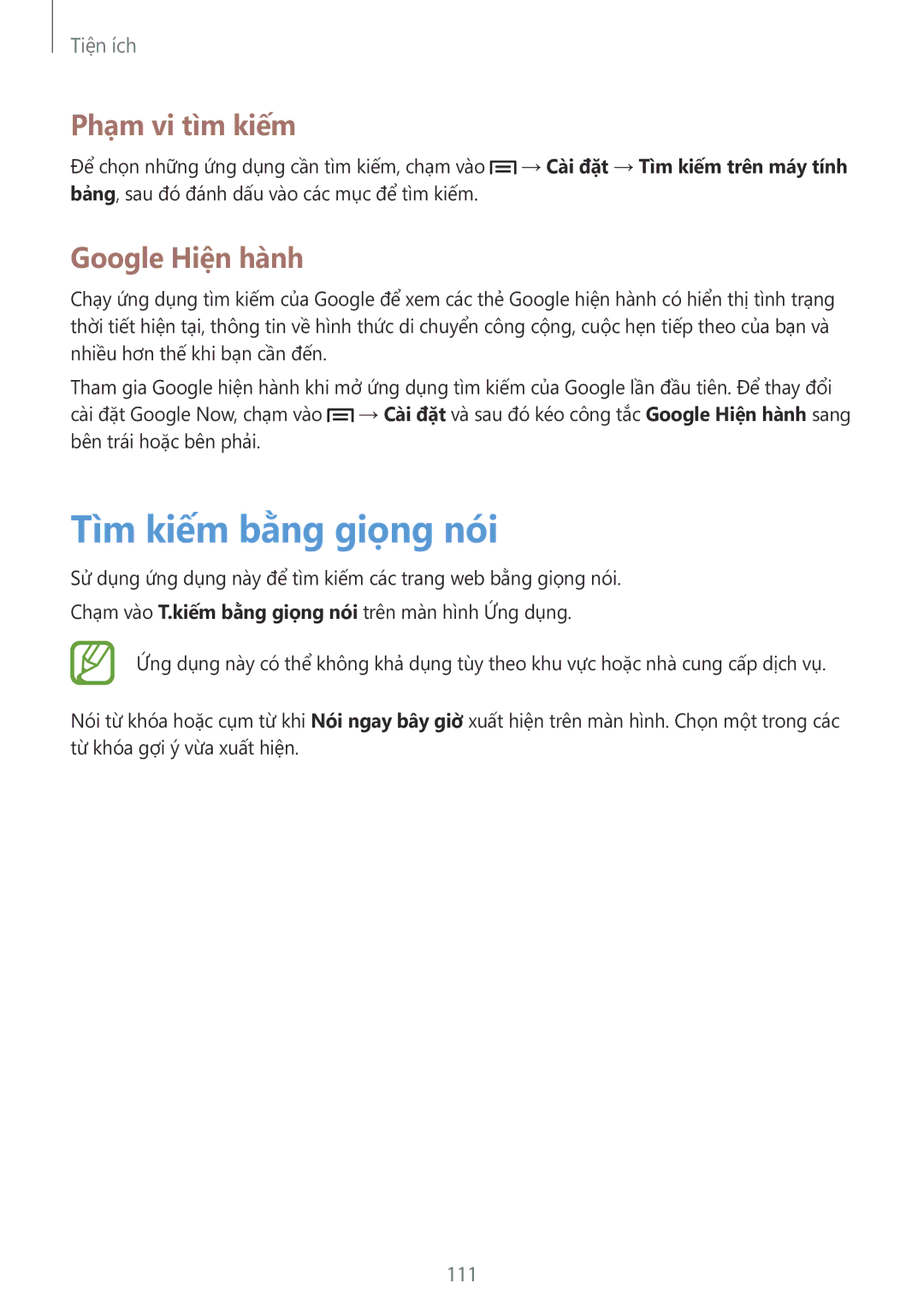 Samsung SM-P6010ZWAXXV, SM-P6010ZKAXXV manual Tìm kiếm bằng giọng nói, Phạm vi tìm kiếm, Google Hiên hanh, 111 