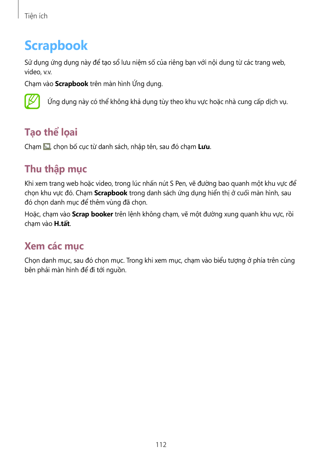 Samsung SM-P6010ZKAXXV, SM-P6010ZWAXXV manual Scrapbook, Tạo thể lọai, Thu thập mục, Xem các mục, 112 