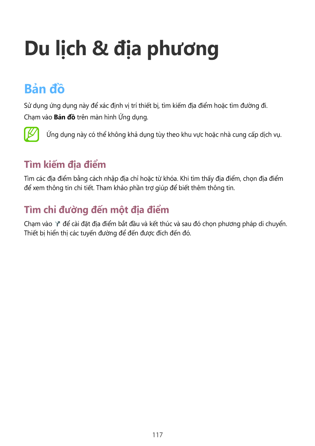 Samsung SM-P6010ZWAXXV manual Du lịch & địa phương, Bản đồ, Tìm kiếm địa điểm, Tìm chỉ đường đến một địa điểm, 117 
