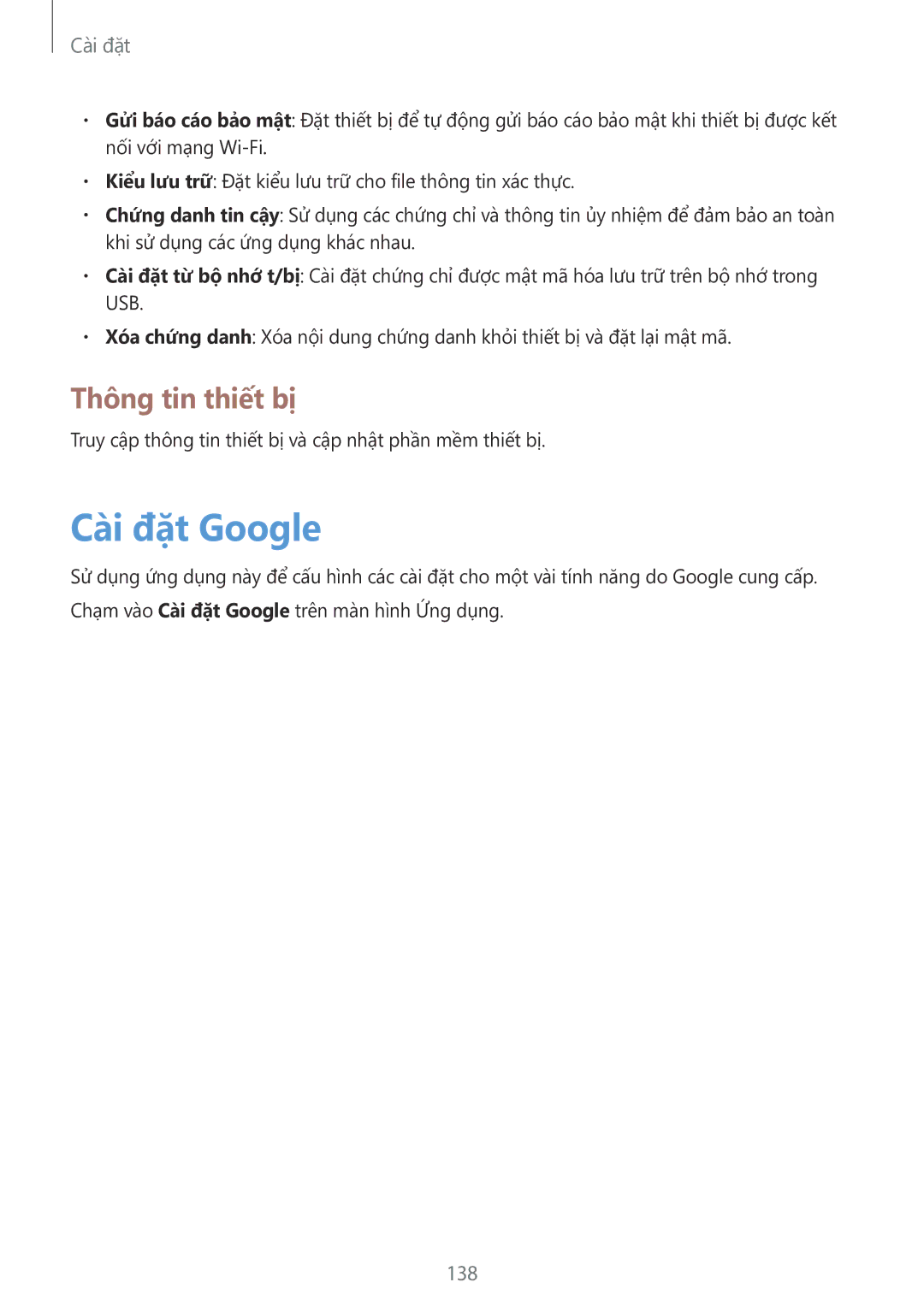 Samsung SM-P6010ZKAXXV, SM-P6010ZWAXXV manual Cài đặt Google, Thông tin thiết bị, 138 
