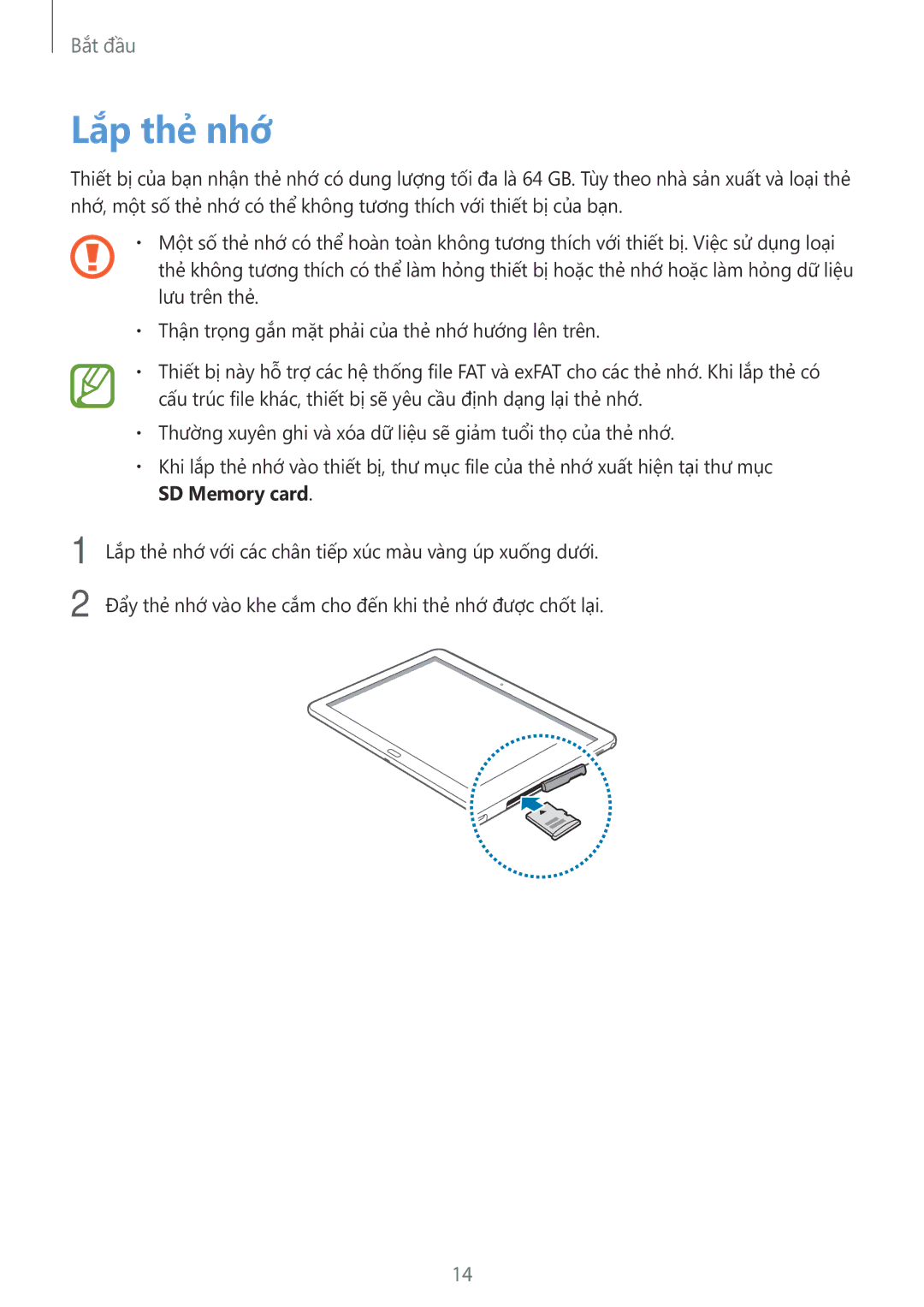 Samsung SM-P6010ZKAXXV, SM-P6010ZWAXXV manual Lắp thẻ nhớ, SD Memory card 