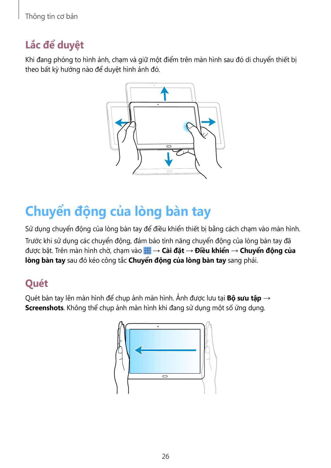 Samsung SM-P6010ZKAXXV, SM-P6010ZWAXXV manual Chuyên đông của long ban tay, Lắc để duyệt, Quét 