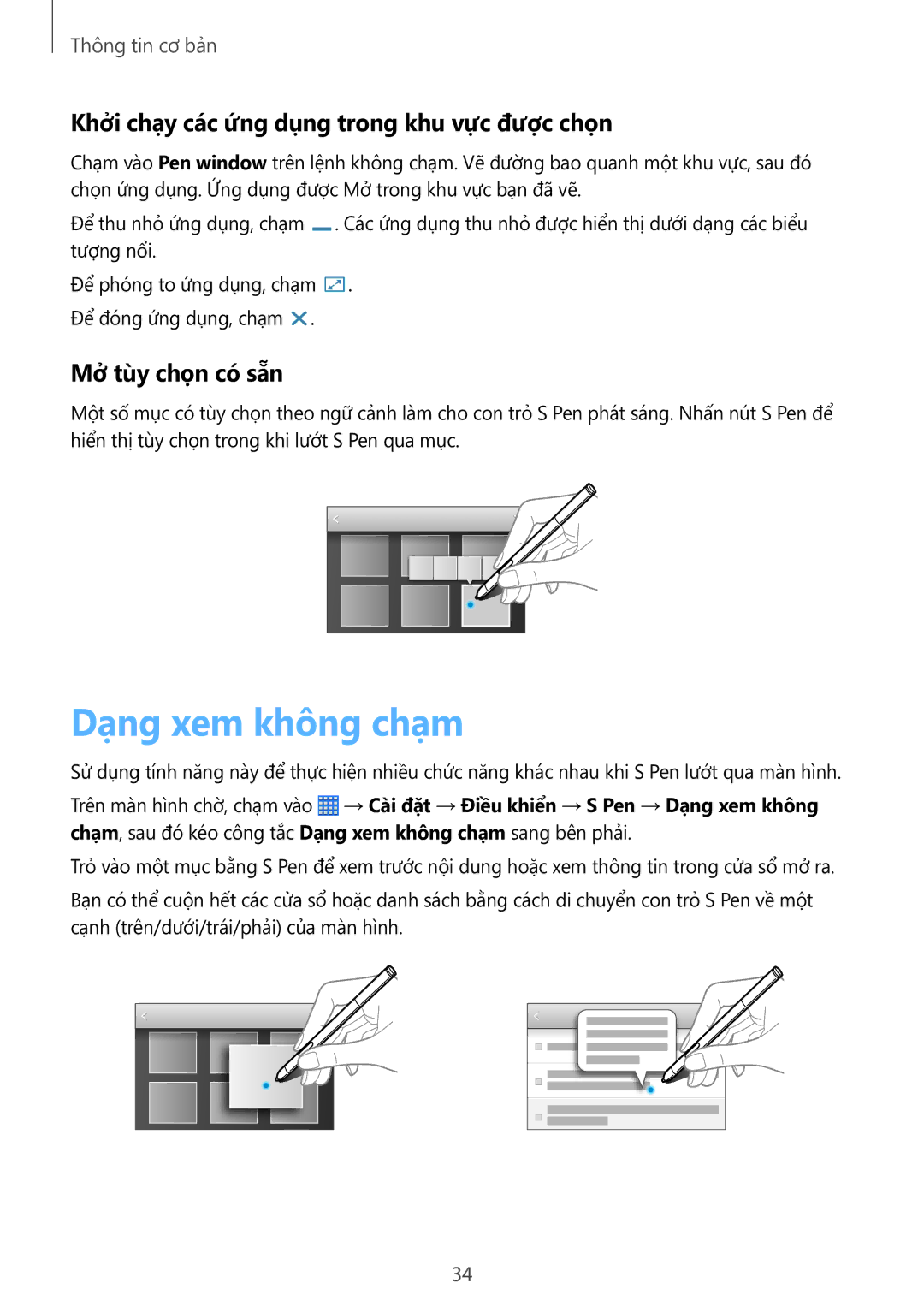 Samsung SM-P6010ZKAXXV manual Dạng xem không chạm, Khởi chạy các ứng dụng trong khu vực được chọn, Mở tùy chọn có sẵn 