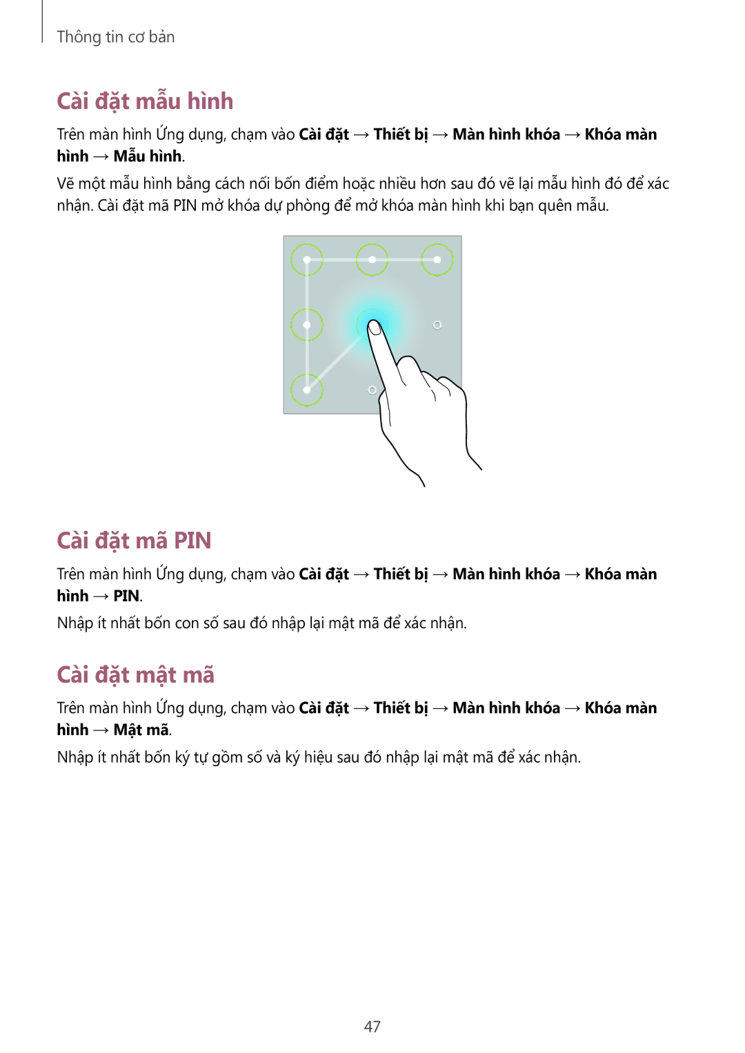 Samsung SM-P6010ZWAXXV, SM-P6010ZKAXXV manual Cài đặt mẫu hình, Cài đặt mã PIN, Cài đặt mật mã 