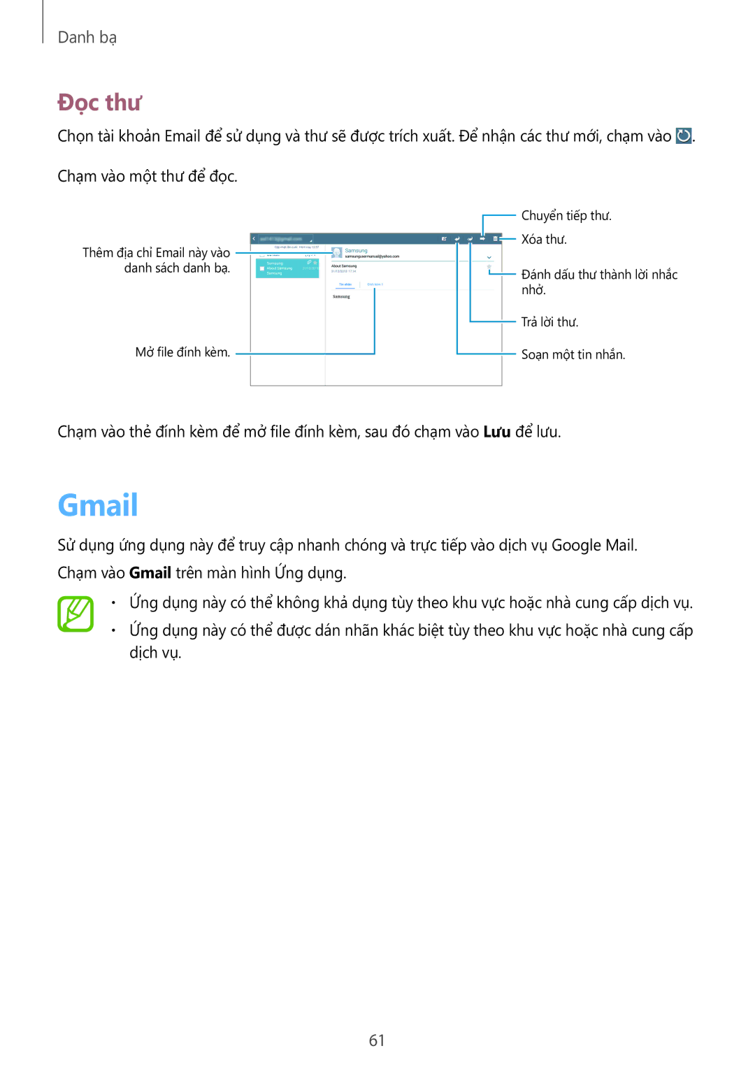 Samsung SM-P6010ZWAXXV, SM-P6010ZKAXXV manual Gmail, Đọc thư 