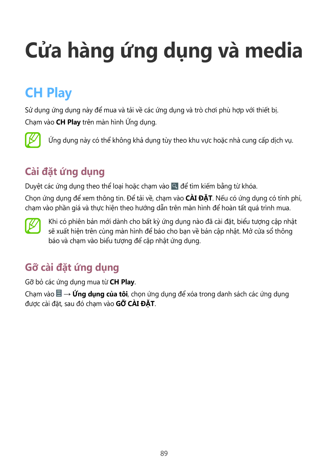 Samsung SM-P6010ZWAXXV, SM-P6010ZKAXXV manual Cửa hàng ứng dụng và media, CH Play 
