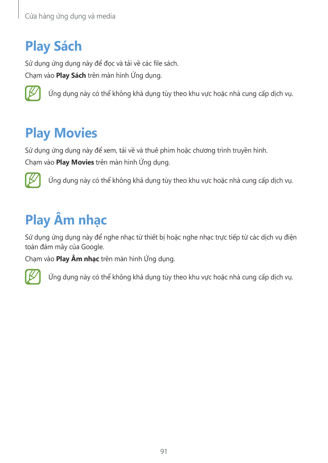 Samsung SM-P6010ZWAXXV, SM-P6010ZKAXXV manual Play Sách, Play Movies, Play Âm nhạc 