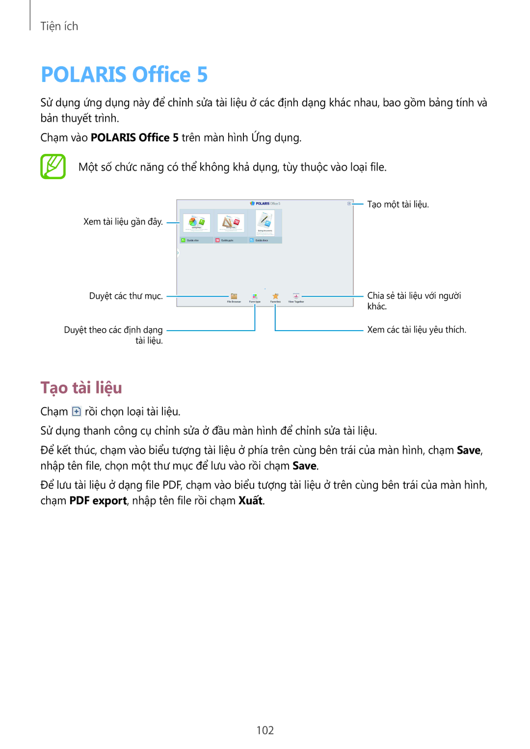 Samsung SM-P6010ZKAXXV, SM-P6010ZWAXXV manual Polaris Office, Tạo tài liệu 