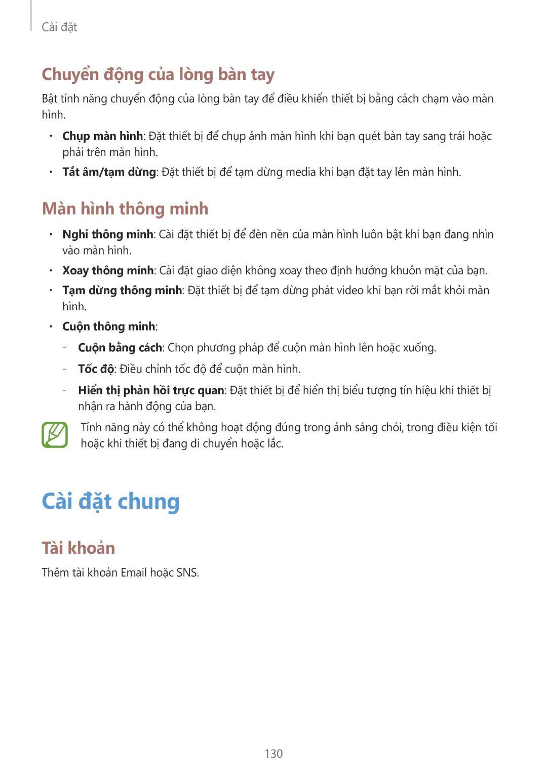 Samsung SM-P6010ZKAXXV manual Cài đặt chung, Chuyên đông cua long ban tay, Màn hình thông minh, Tài khoản, Cuộn thông minh 