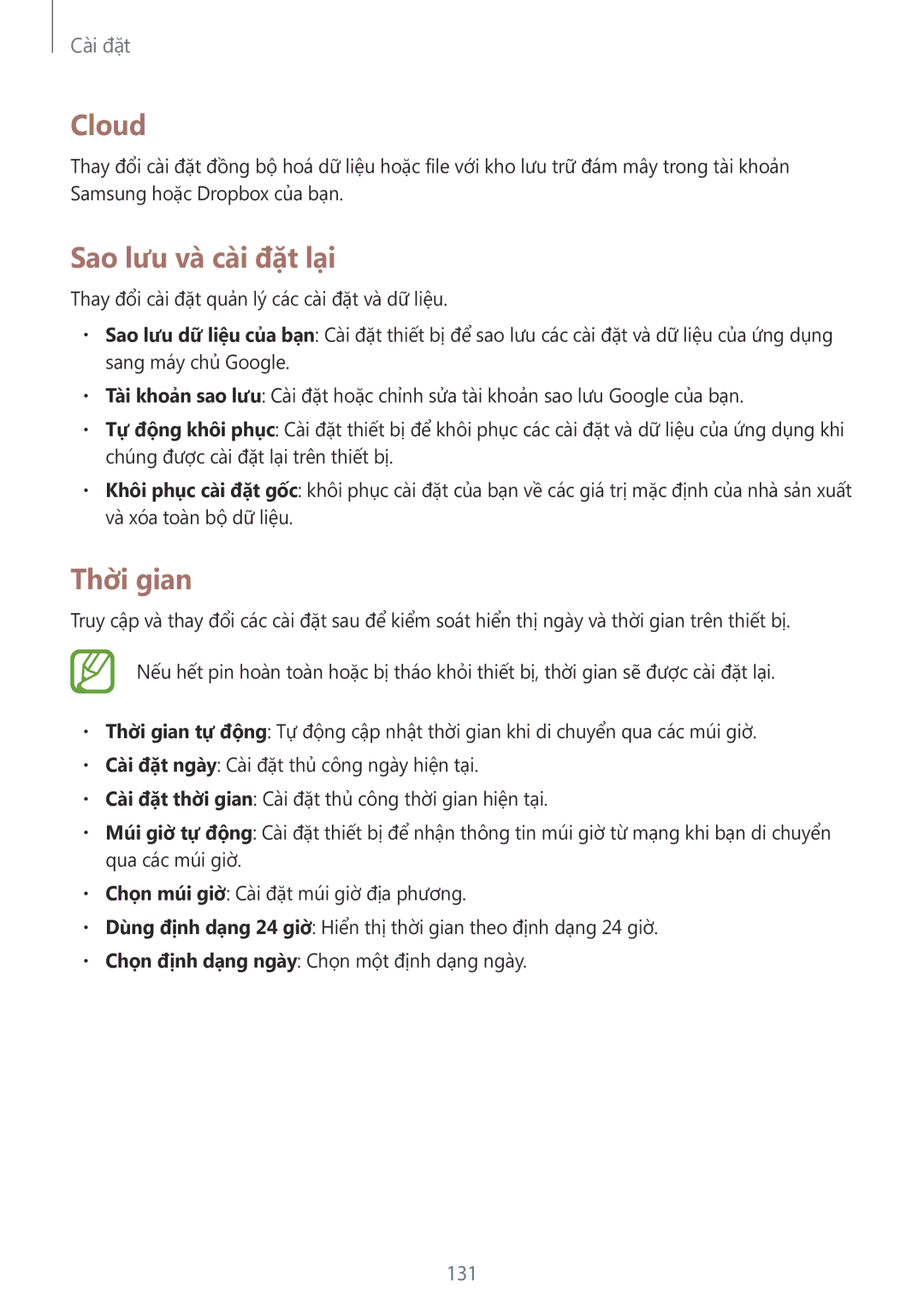 Samsung SM-P6010ZWAXXV, SM-P6010ZKAXXV manual Cloud, Sao lưu và cai đặt lại, Thời gian 