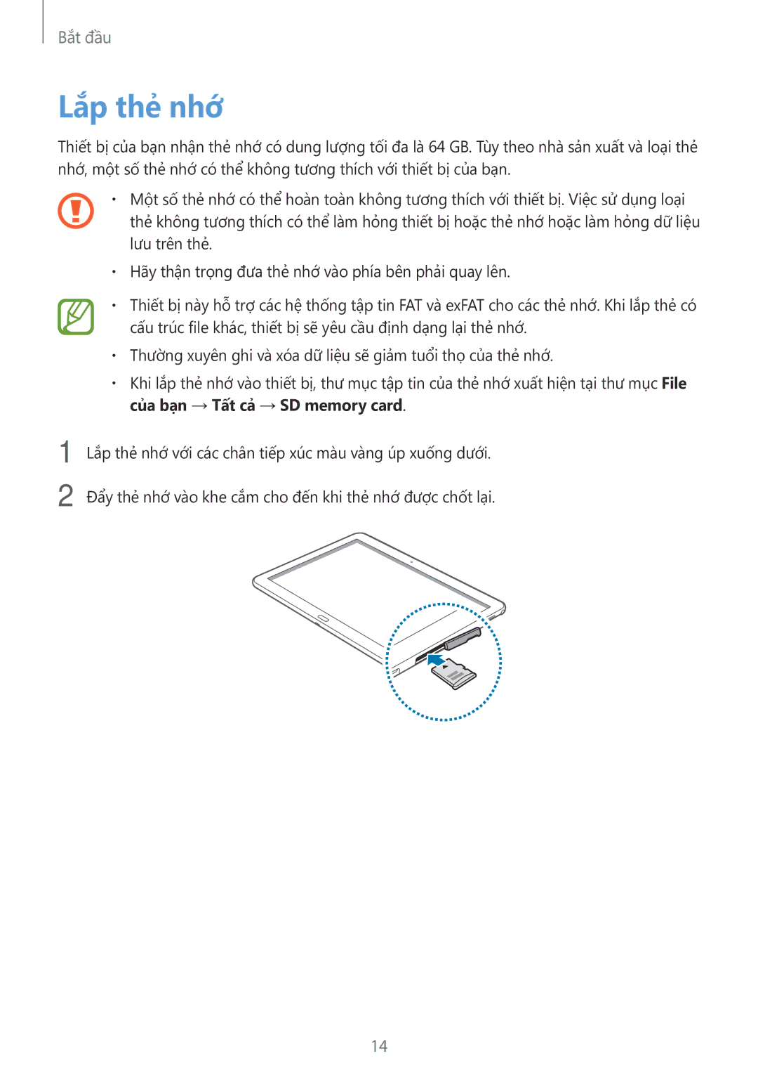 Samsung SM-P6010ZKAXXV, SM-P6010ZWAXXV manual Lắp thẻ nhớ 