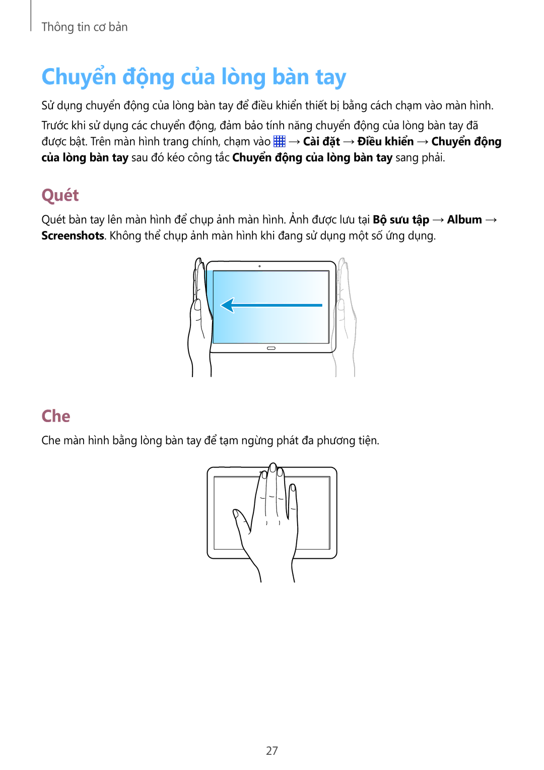 Samsung SM-P6010ZWAXXV, SM-P6010ZKAXXV manual Chuyên đông cua long ban tay, Quét, Che 