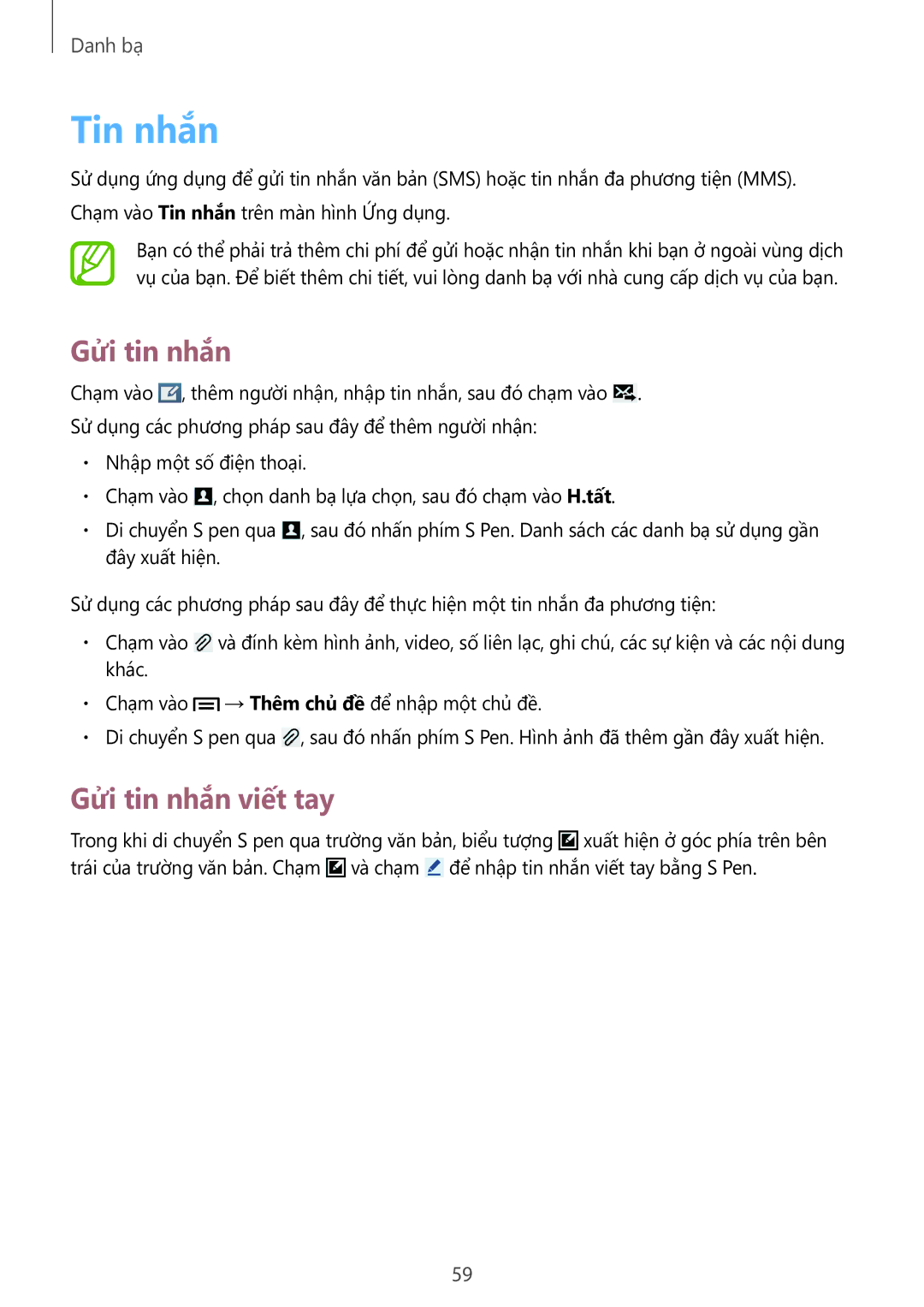 Samsung SM-P6010ZWAXXV, SM-P6010ZKAXXV manual Tin nhắn, Gửi tin nhắn viết tay 