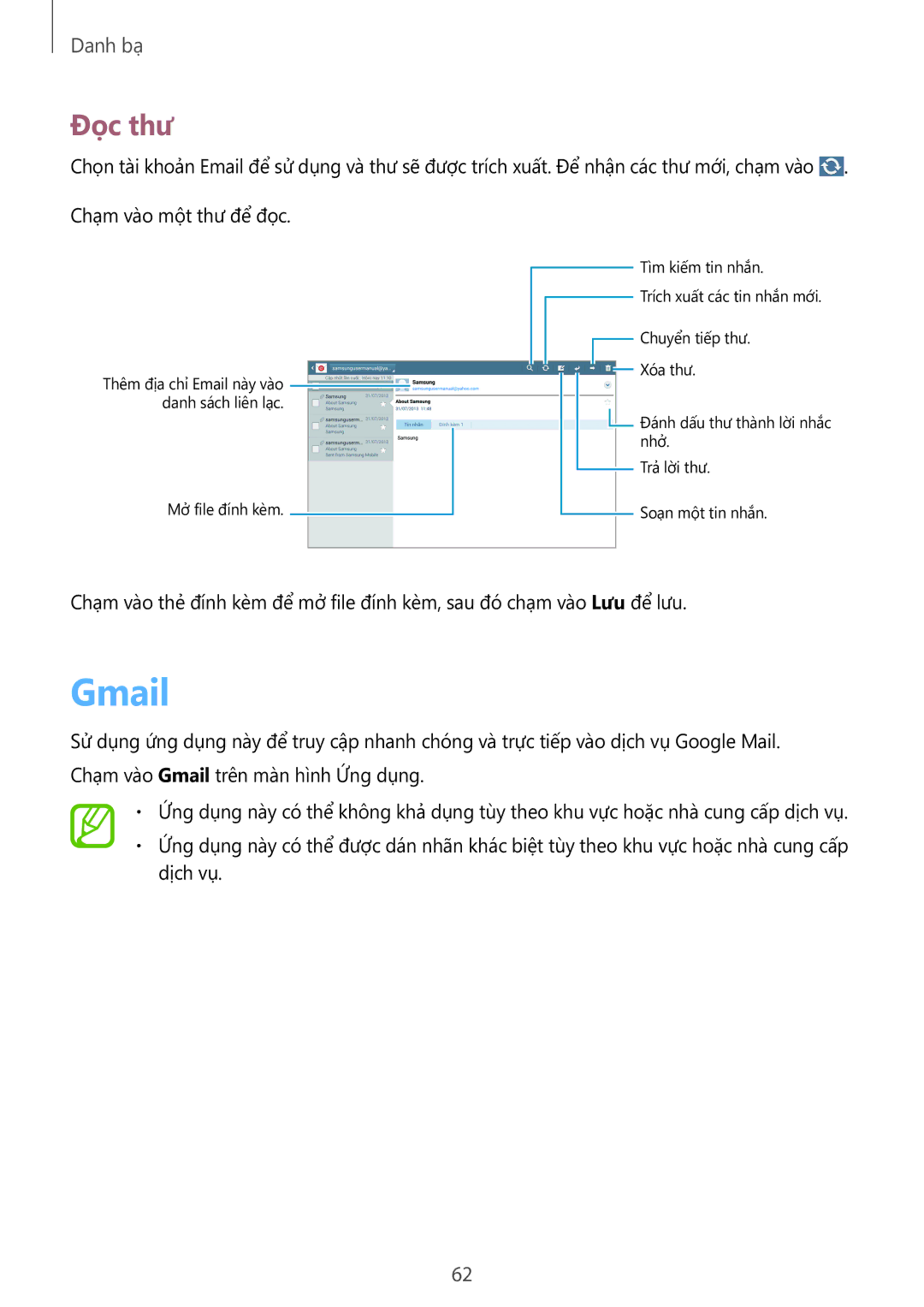 Samsung SM-P6010ZKAXXV, SM-P6010ZWAXXV manual Gmail, Đọc thư 