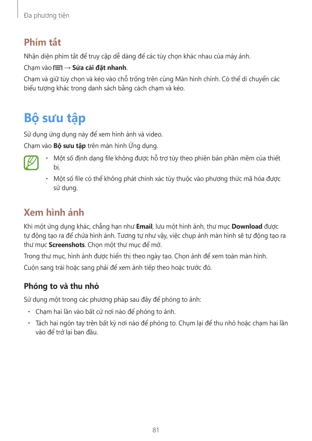 Samsung SM-P6010ZWAXXV manual Bộ sưu tập, Phím tắt, Xem hình ảnh, Phóng to và thu nhỏ, Chạm vào → Sửa cài đặt nhanh 
