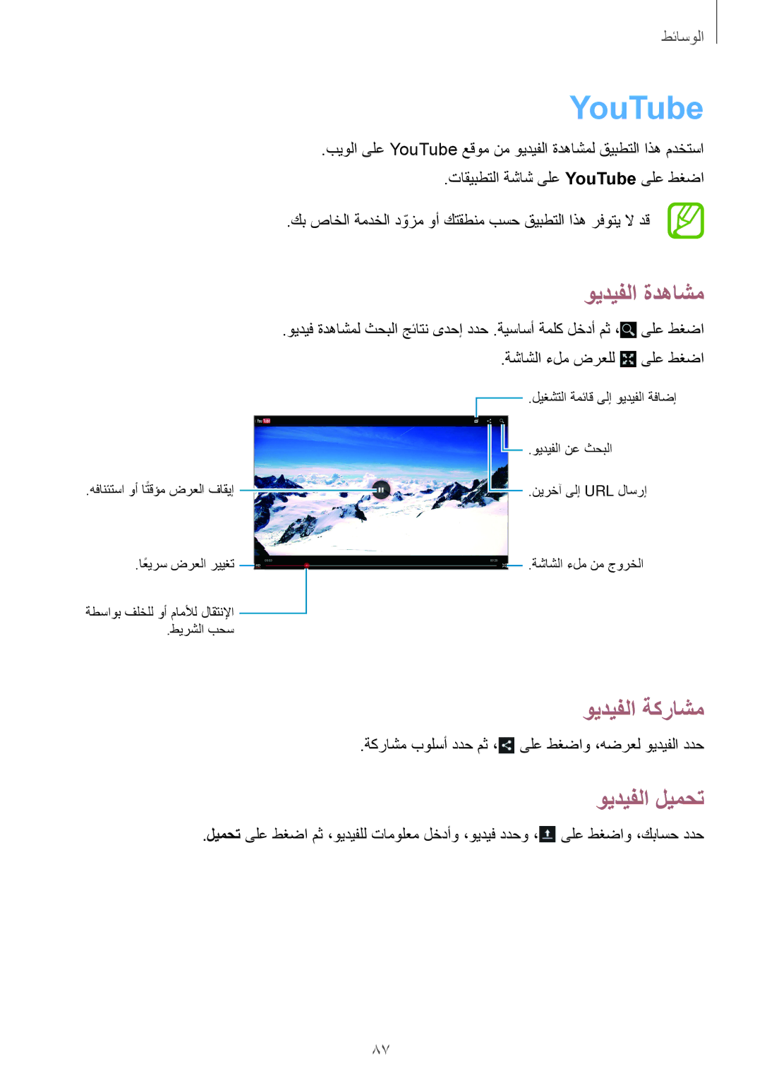 Samsung SM-P6010ZWATHR manual YouTube, ويديفلا ةدهاشم, ويديفلا ليمحت 