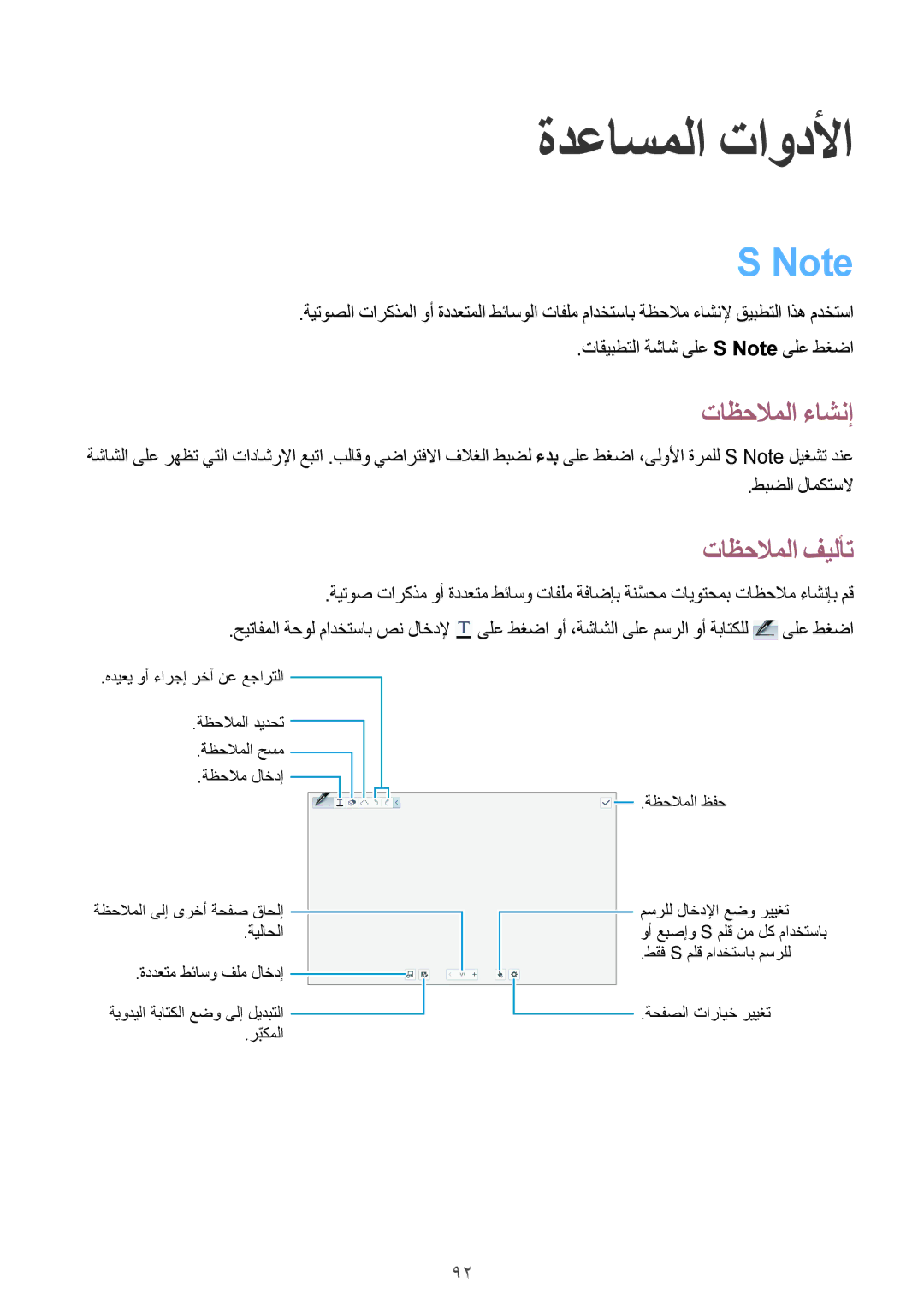 Samsung SM-P6010ZWATHR manual ةدعاسملا تاودلأا, تاظحلاملا ءاشنإ, تاظحلاملا فيلأت 