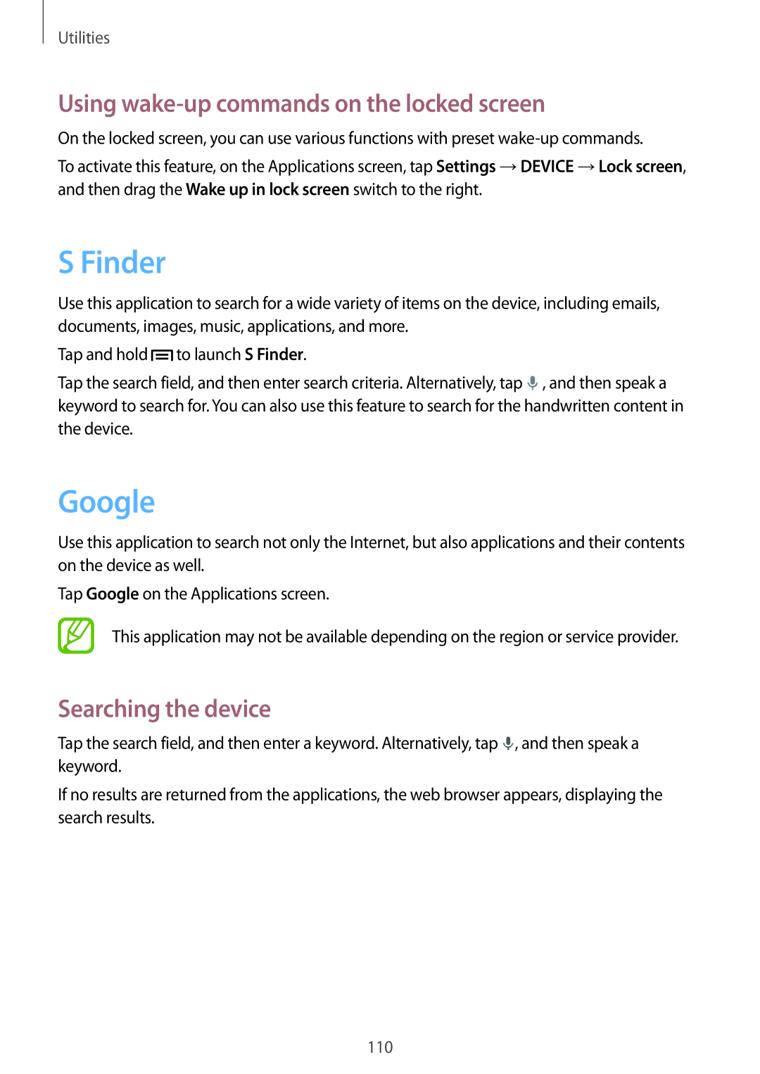 Samsung SM-P6050ZWAXEH, SM-P6050ZKAITV Finder, Google, Using wake-up commands on the locked screen, Searching the device 