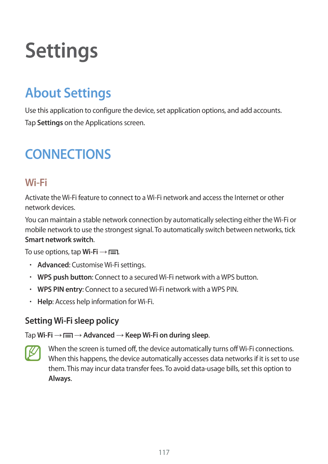 Samsung SM-P6050ZKANEE, SM-P6050ZKAITV, SM-P6050ZKEDBT, SM-P6050ZWEDBT About Settings, Setting Wi-Fi sleep policy 