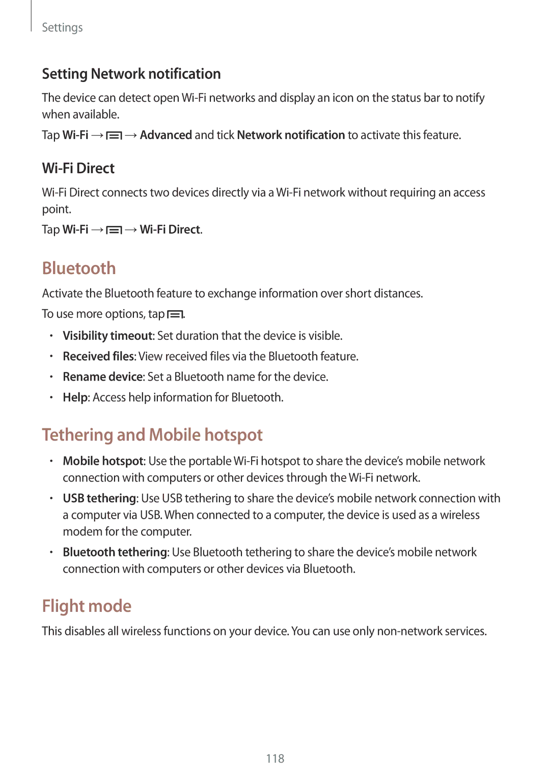 Samsung SM-P6050ZKENEE Bluetooth, Tethering and Mobile hotspot, Flight mode, Setting Network notification, Wi-Fi Direct 