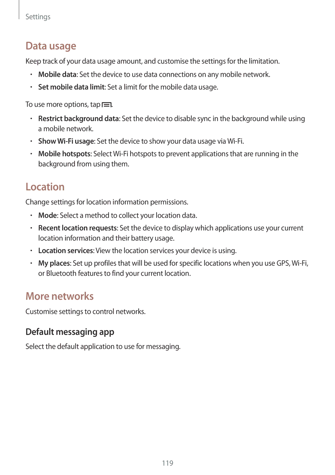 Samsung SM-P6050ZWANEE, SM-P6050ZKAITV, SM-P6050ZKEDBT manual Data usage, Location, More networks, Default messaging app 