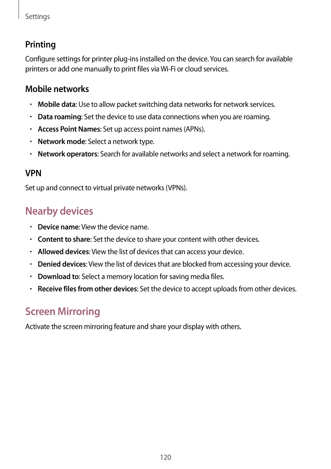 Samsung SM-P6050ZWENEE, SM-P6050ZKAITV, SM-P6050ZKEDBT manual Nearby devices, Screen Mirroring, Printing, Mobile networks 