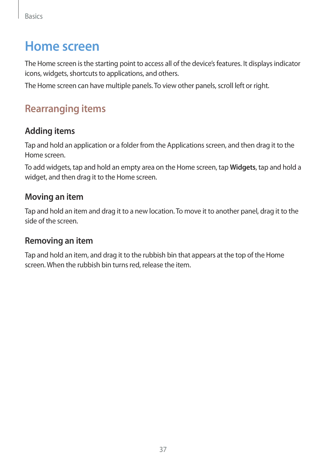 Samsung SM-P6050ZKASEE, SM-P6050ZKAITV manual Home screen, Rearranging items, Adding items, Moving an item, Removing an item 
