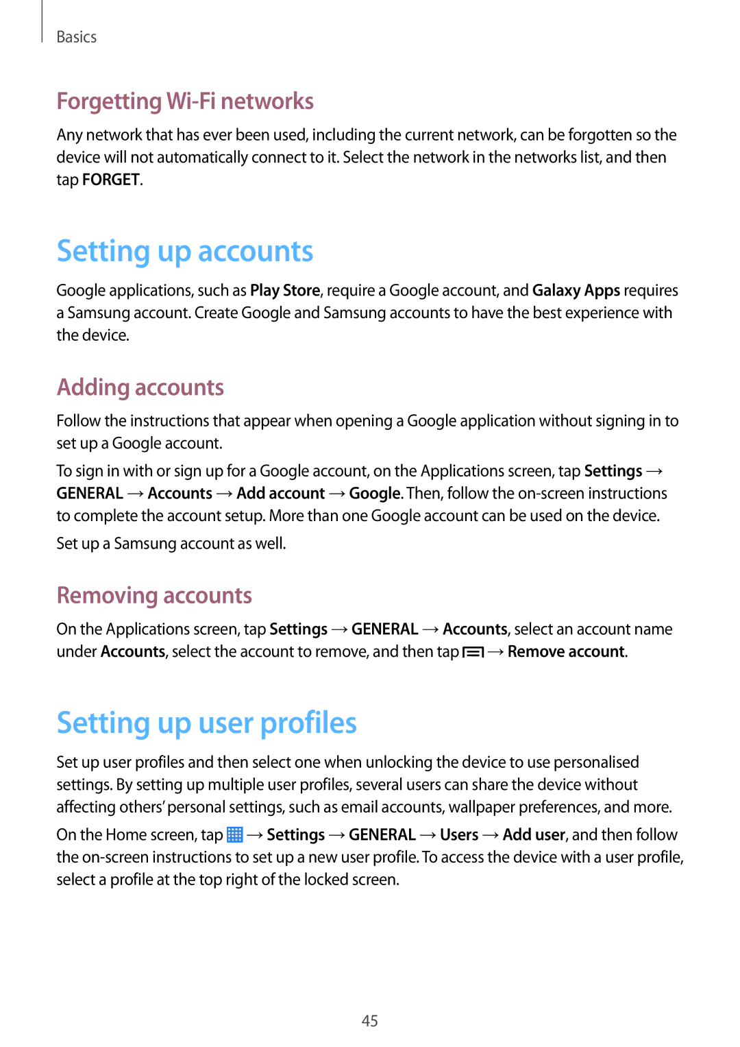 Samsung SM-P6050ZKEXSK manual Setting up accounts, Setting up user profiles, Forgetting Wi-Fi networks, Adding accounts 