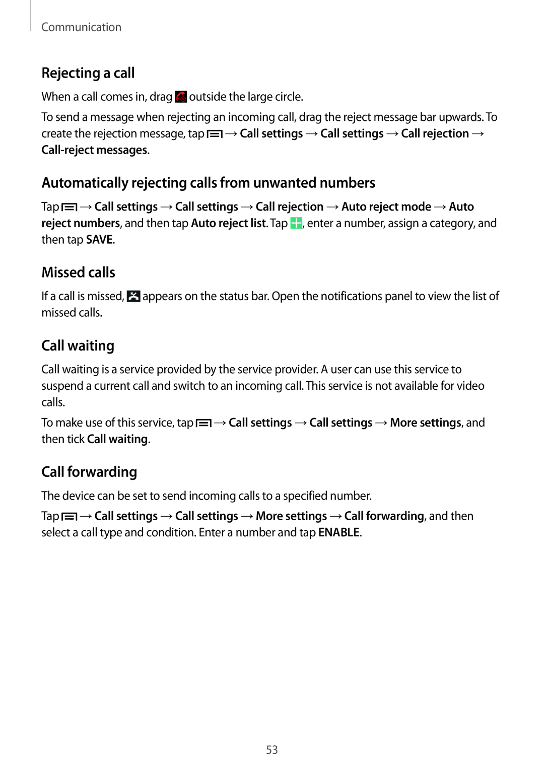 Samsung SM-P6050ZKLNEE Rejecting a call, Automatically rejecting calls from unwanted numbers, Missed calls, Call waiting 