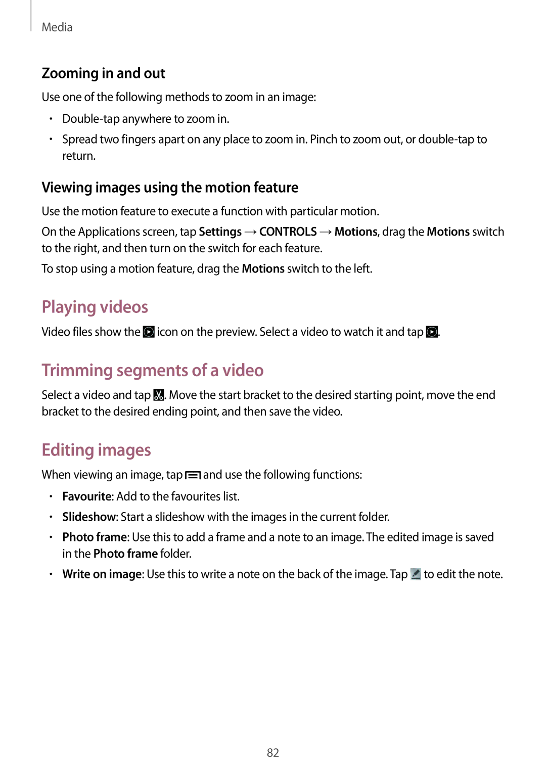 Samsung SM-P6050ZWATIM, SM-P6050ZKAITV Playing videos, Trimming segments of a video, Editing images, Zooming in and out 