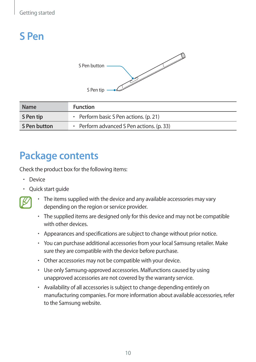 Samsung SM-P6050ZWAATO, SM-P6050ZKAITV, SM-P6050ZKEDBT, SM-P6050ZWEDBT, SM-P6050ZWASEB, SM-P6050ZWADBT Pen, Package contents 