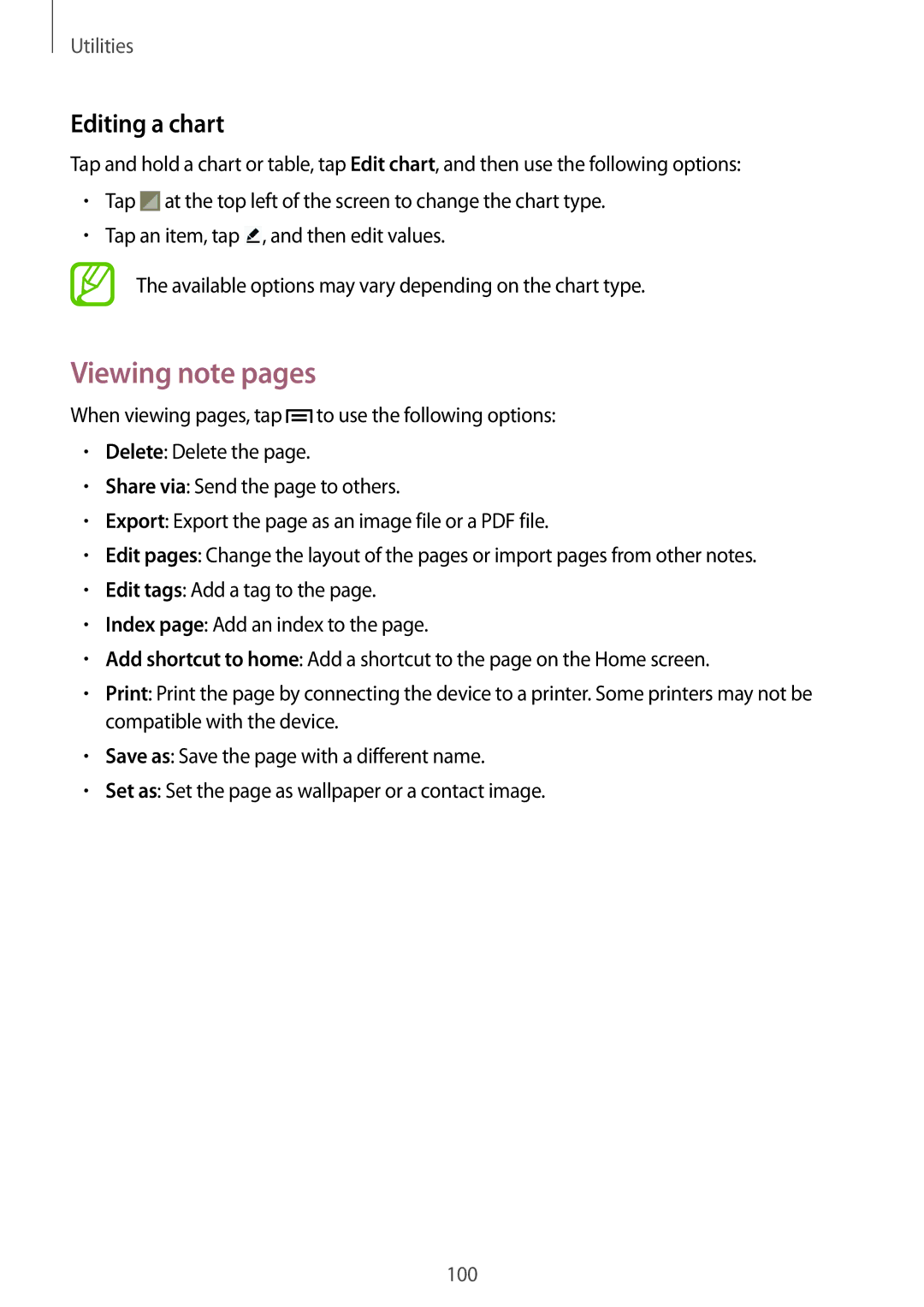 Samsung SM-P6050ZKASEE, SM-P6050ZKAITV, SM-P6050ZKEDBT, SM-P6050ZWEDBT, SM-P6050ZWASEB Viewing note pages, Editing a chart 