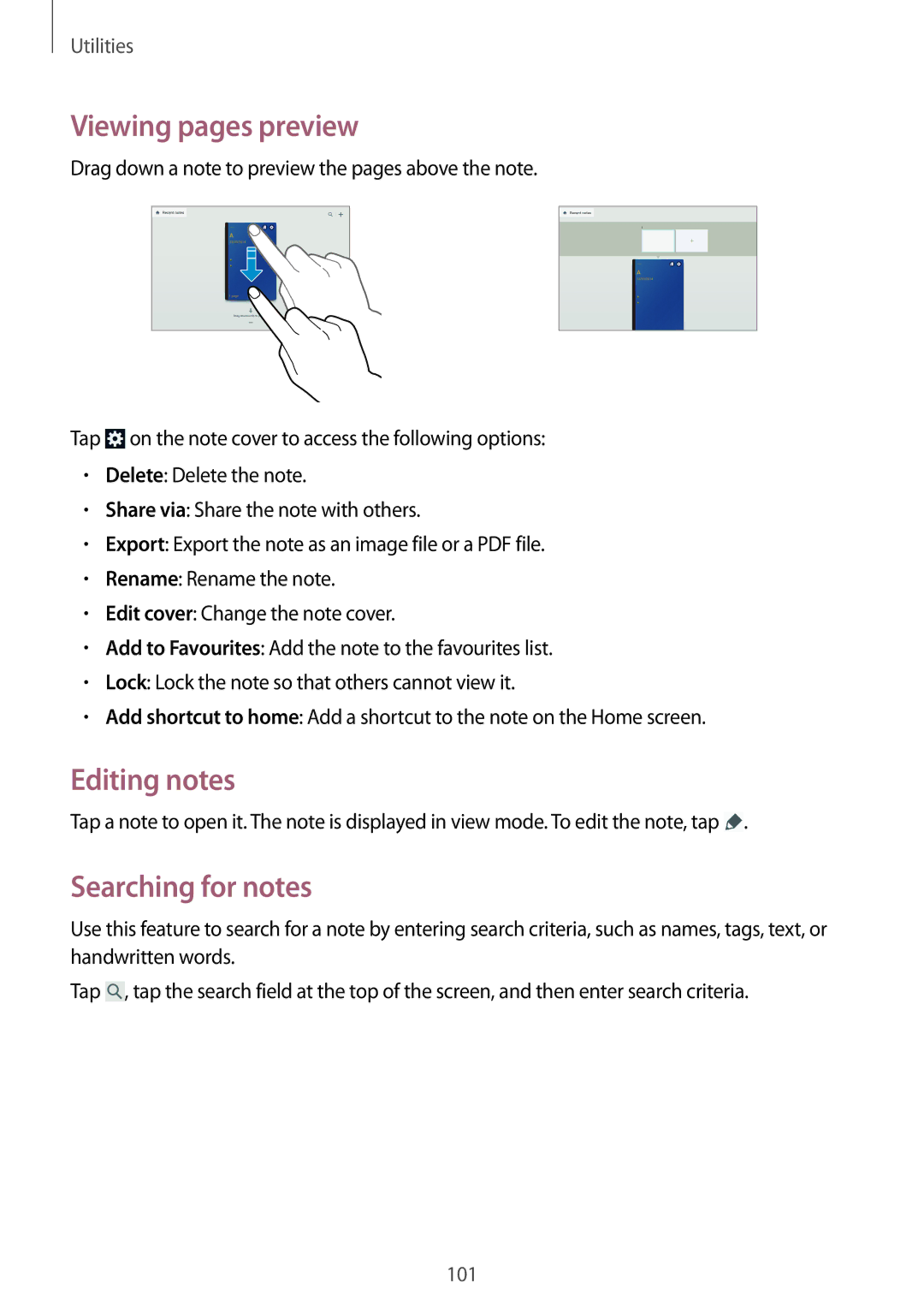 Samsung SM-P6050ZWASEE, SM-P6050ZKAITV, SM-P6050ZKEDBT manual Viewing pages preview, Editing notes, Searching for notes 