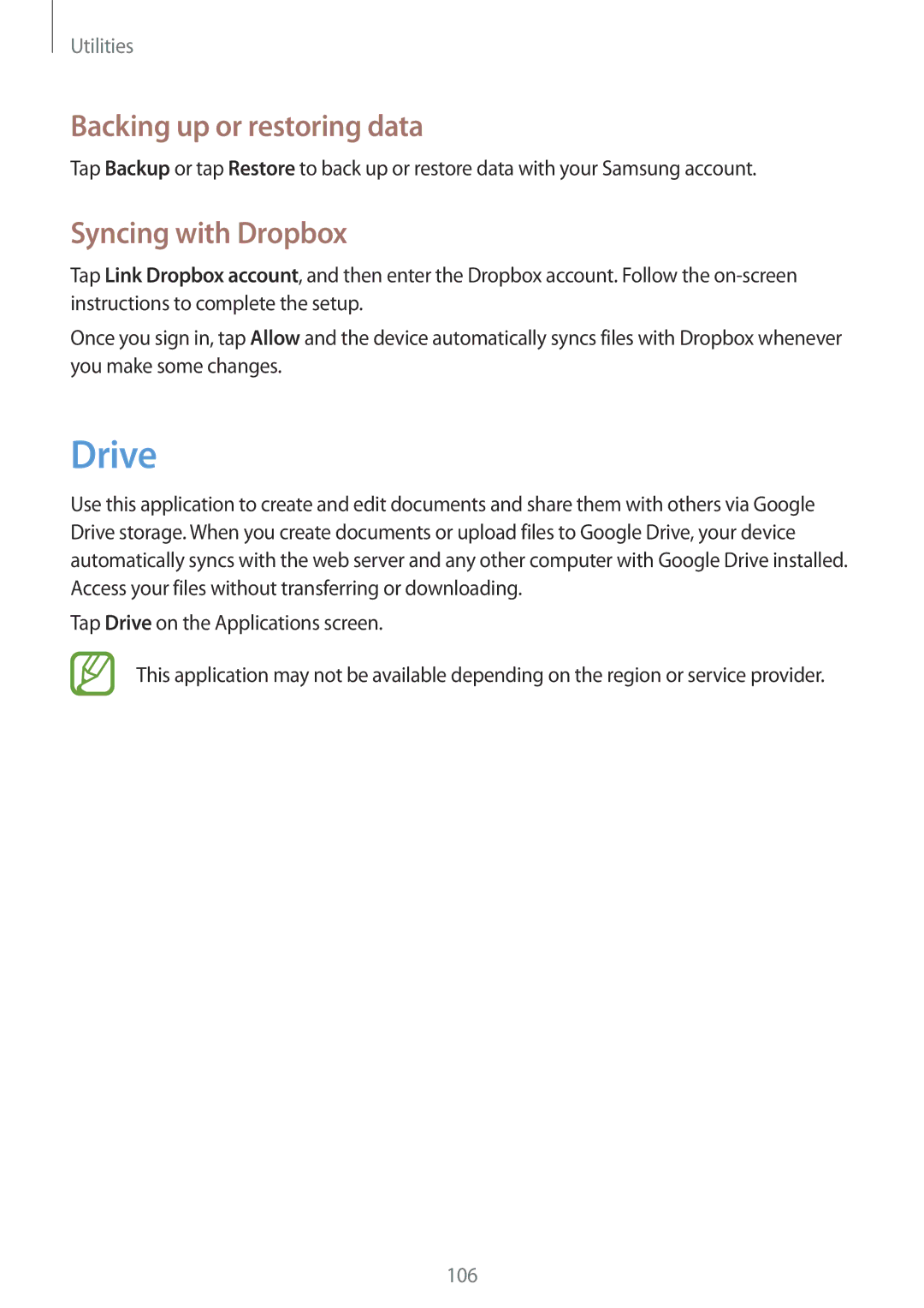 Samsung SM-P6050ZKAXEZ, SM-P6050ZKAITV, SM-P6050ZKEDBT manual Drive, Backing up or restoring data, Syncing with Dropbox 
