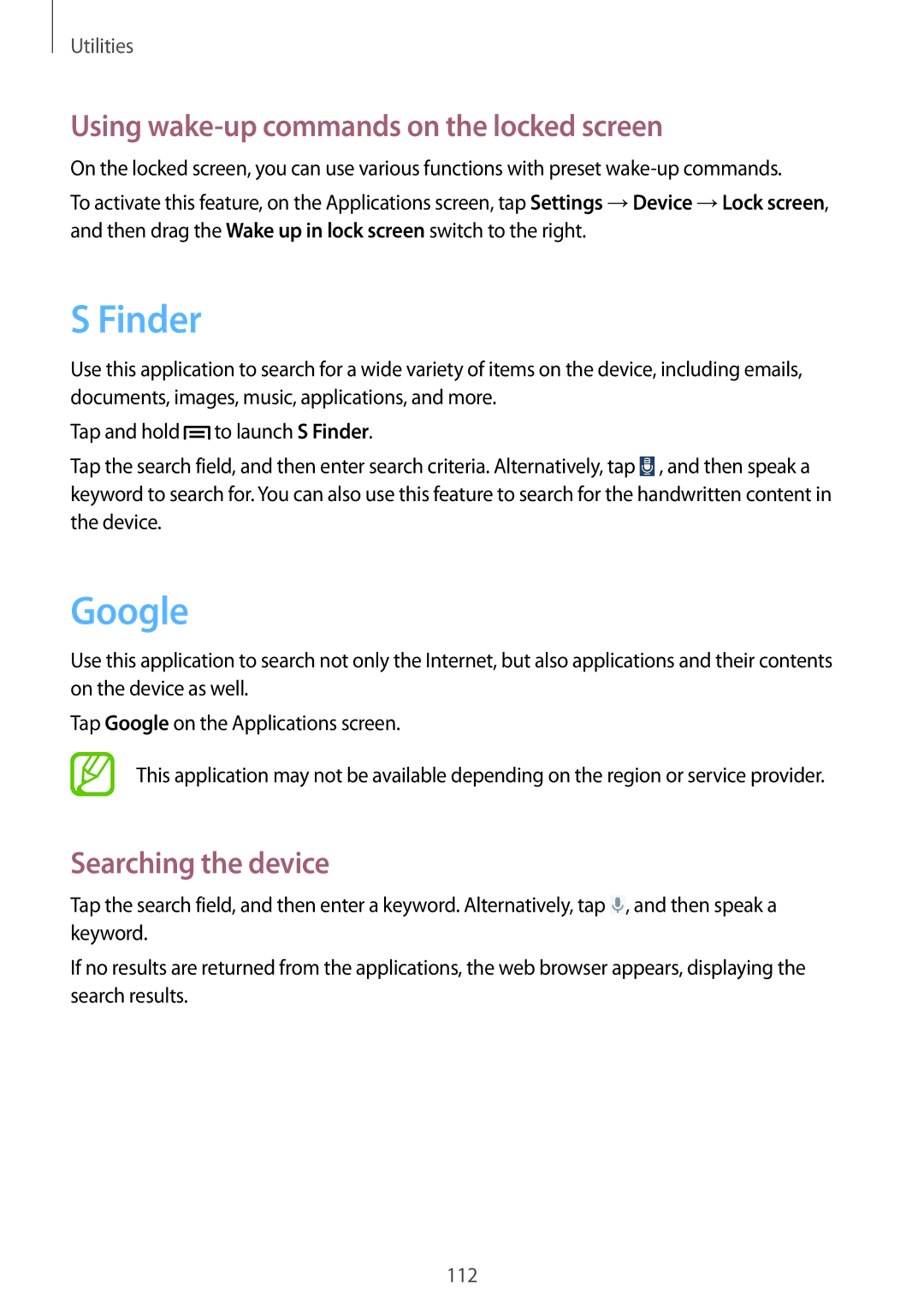 Samsung SM-P6050ZKAXSK, SM-P6050ZKAITV Finder, Google, Using wake-up commands on the locked screen, Searching the device 