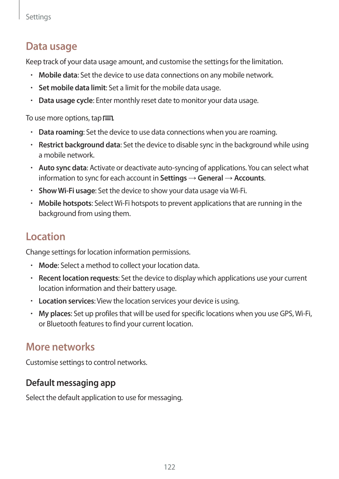 Samsung SM-P6050ZWESEB, SM-P6050ZKAITV, SM-P6050ZKEDBT manual Data usage, Location, More networks, Default messaging app 