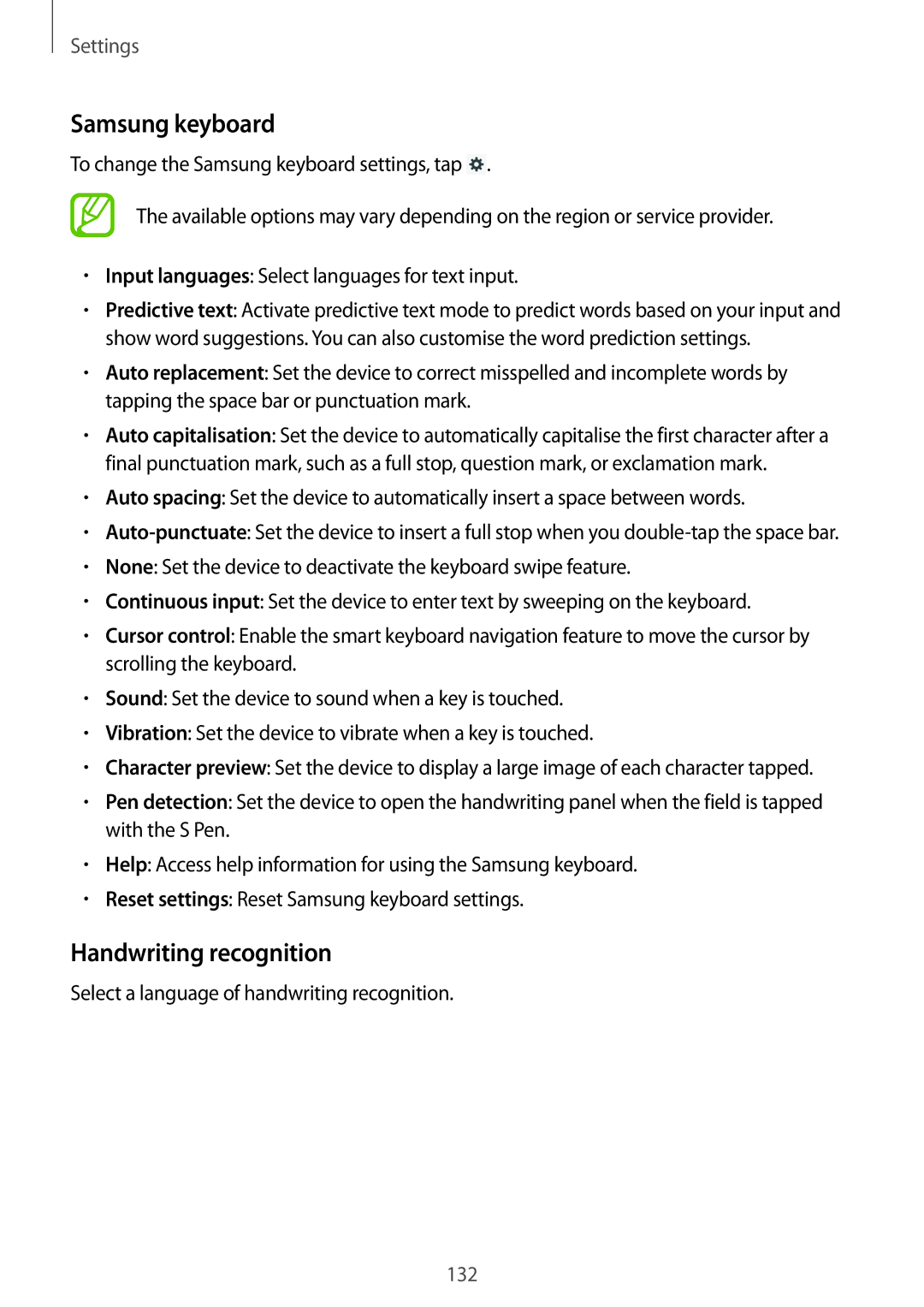 Samsung SM-P6050ZWAITV, SM-P6050ZKAITV, SM-P6050ZKEDBT, SM-P6050ZWEDBT manual Samsung keyboard, Handwriting recognition 