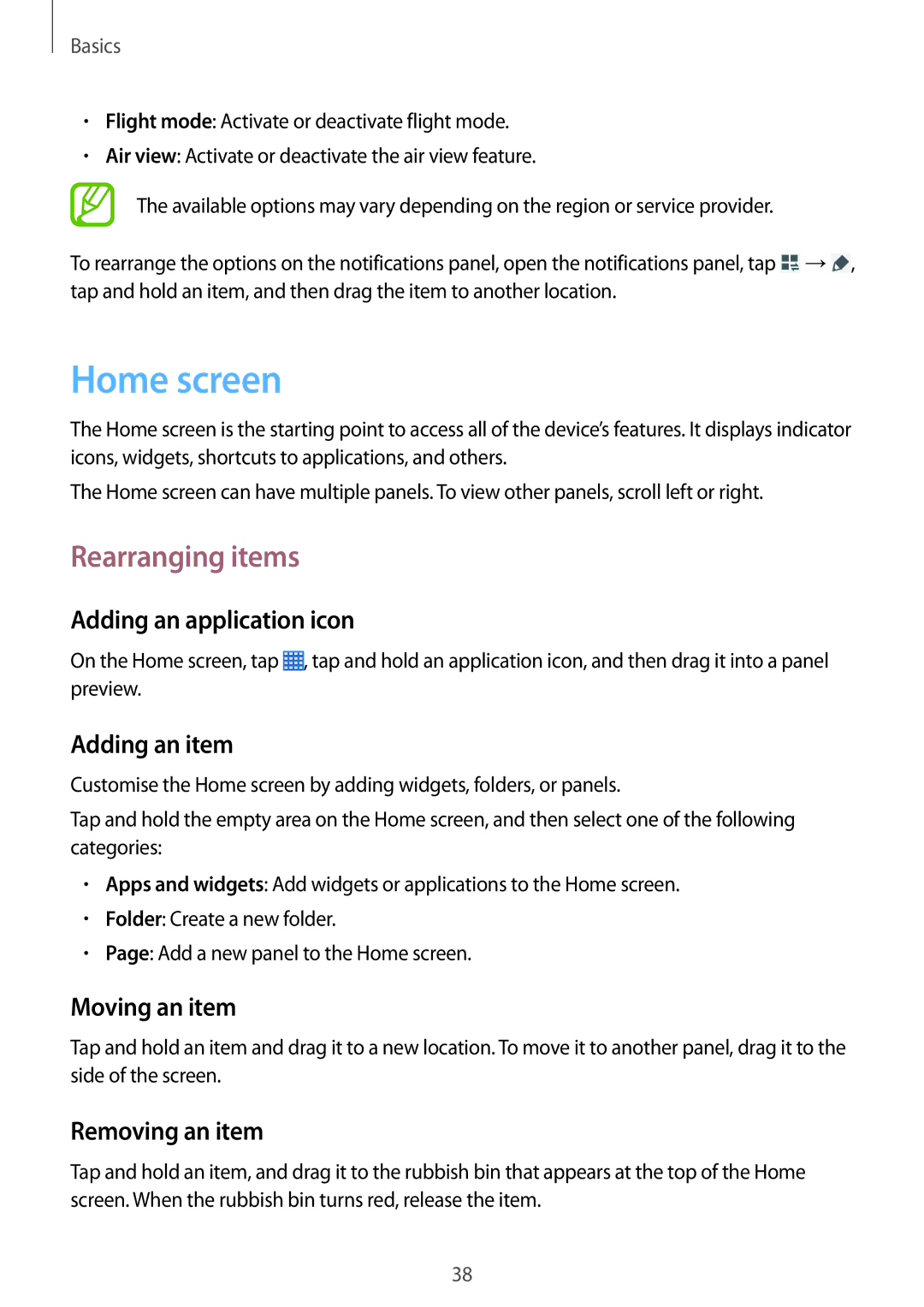 Samsung SM-P6050ZWASEE, SM-P6050ZKAITV, SM-P6050ZKEDBT, SM-P6050ZWEDBT, SM-P6050ZWASEB manual Home screen, Rearranging items 