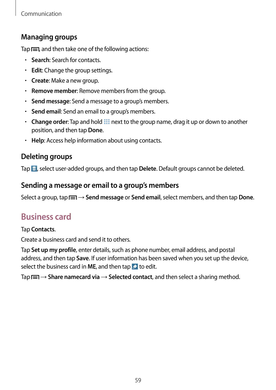 Samsung SM-P6050ZWESEB Business card, Managing groups, Deleting groups, Sending a message or email to a group’s members 