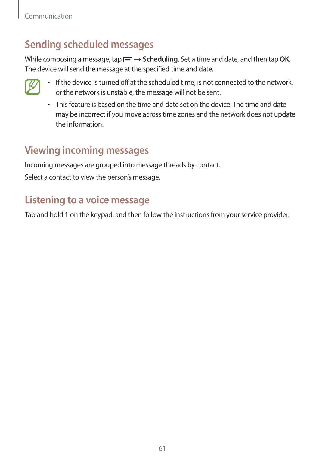 Samsung SM-P6050ZKEPAN, SM-P6050ZKAITV Sending scheduled messages, Viewing incoming messages, Listening to a voice message 