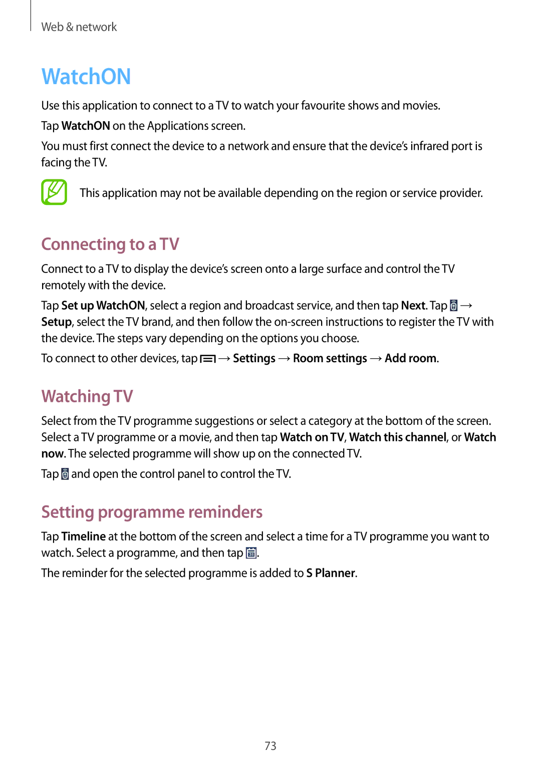 Samsung SM-P6050ZWAATO, SM-P6050ZKAITV manual WatchON, Connecting to a TV, Watching TV, Setting programme reminders 