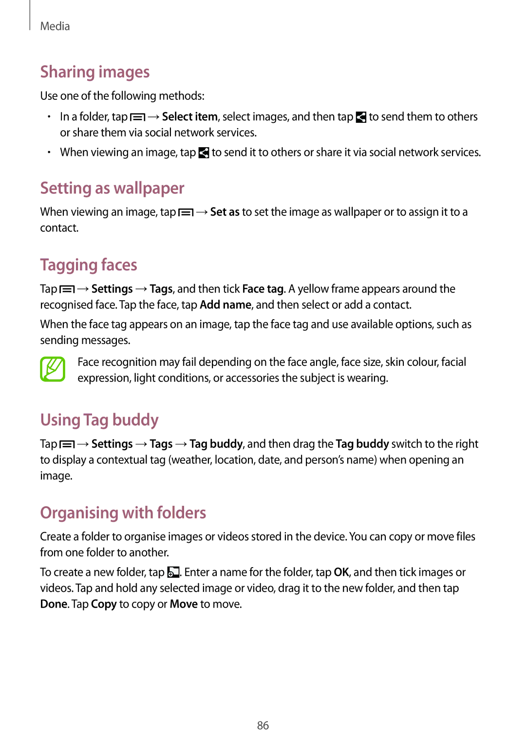 Samsung SM-P6050ZWAHUI, SM-P6050ZKAITV, SM-P6050ZKEDBT Sharing images, Setting as wallpaper, Tagging faces, Using Tag buddy 