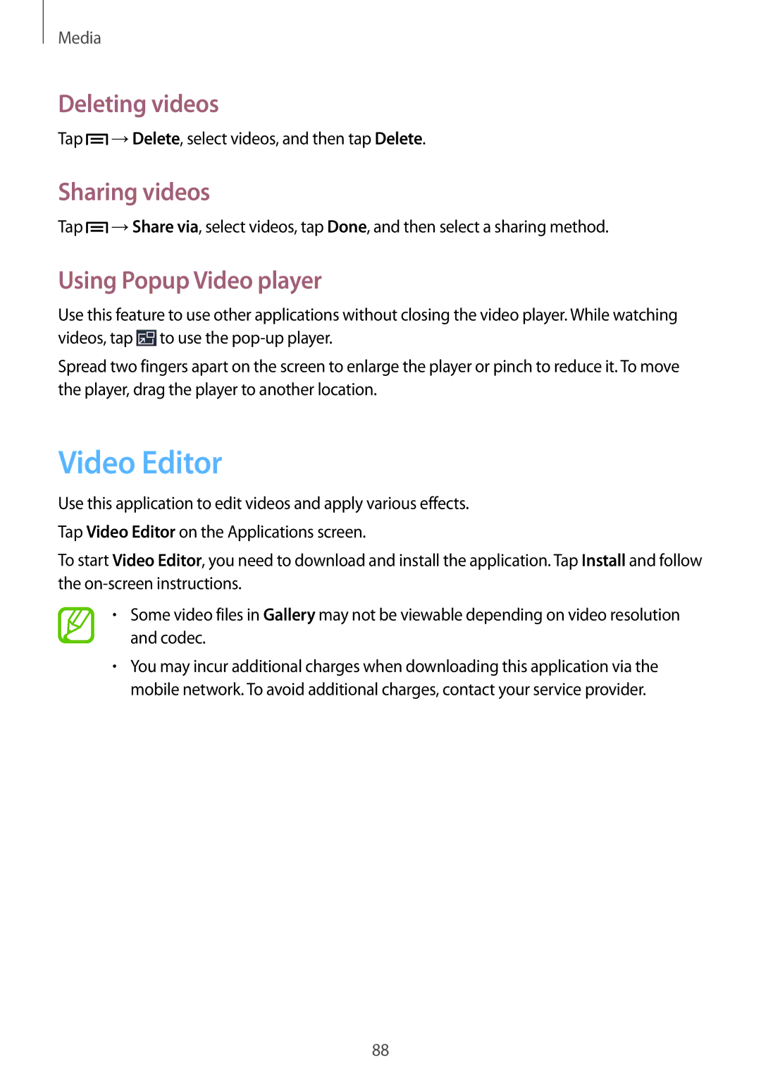 Samsung SM-P6050ZKAPHE, SM-P6050ZKAITV manual Video Editor, Deleting videos, Sharing videos, Using Popup Video player 