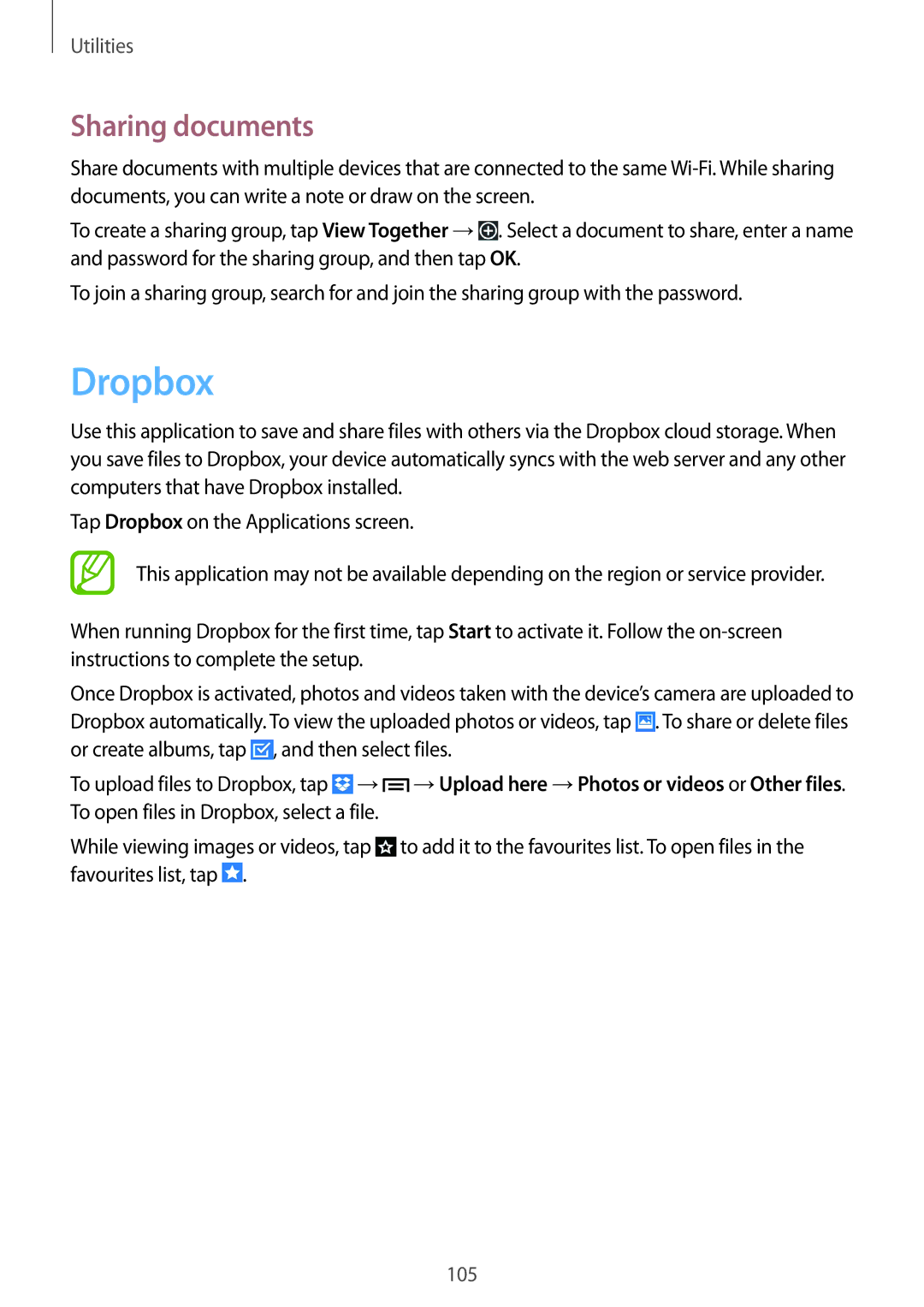 Samsung SM-P6050ZKEXEH, SM-P6050ZKAITV, SM-P6050ZKEDBT, SM-P6050ZWEDBT, SM-P6050ZWASEB manual Dropbox, Sharing documents 
