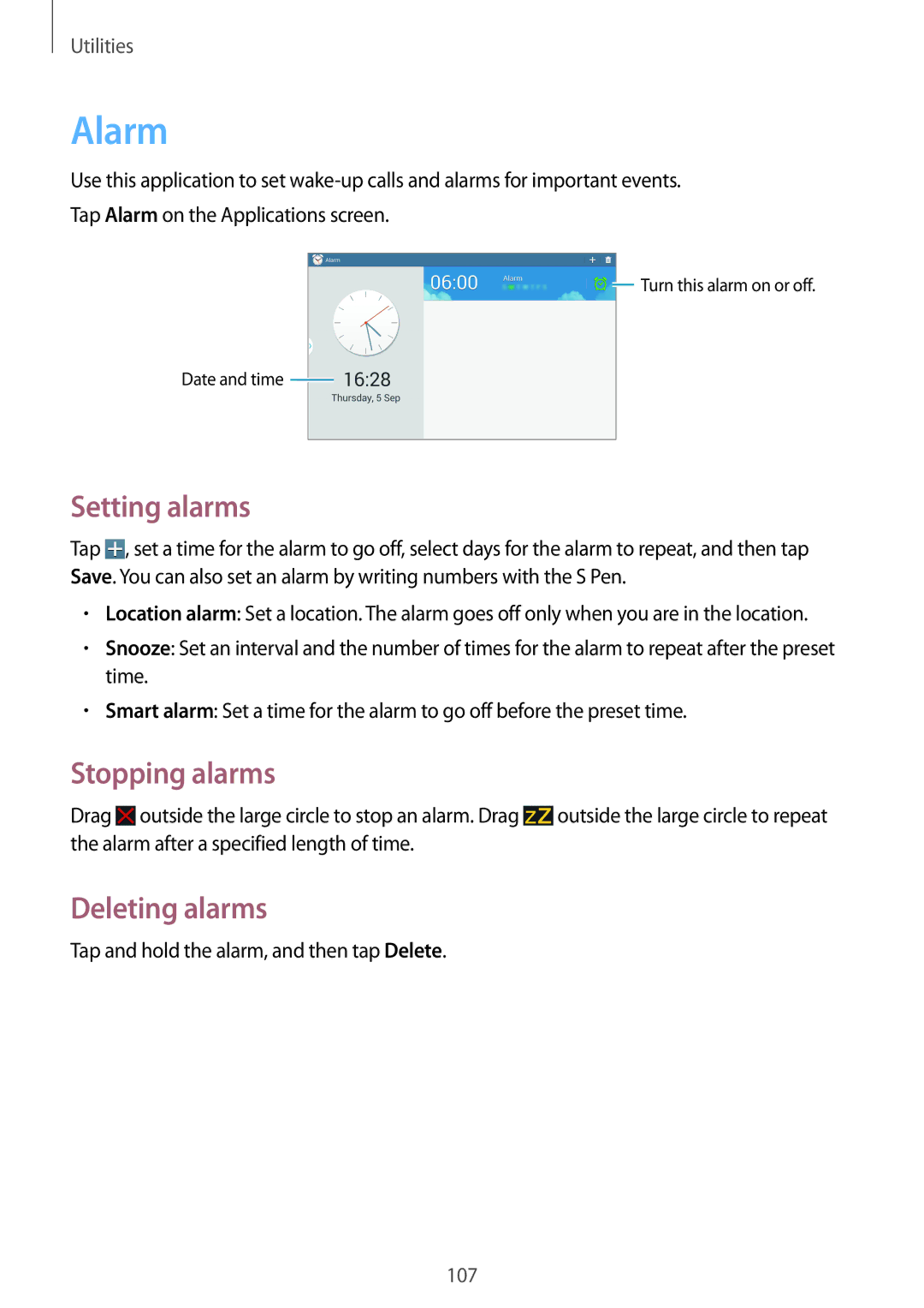 Samsung SM-P6050ZWEVDC, SM-P6050ZKAITV, SM-P6050ZKEDBT manual Alarm, Setting alarms, Stopping alarms, Deleting alarms 