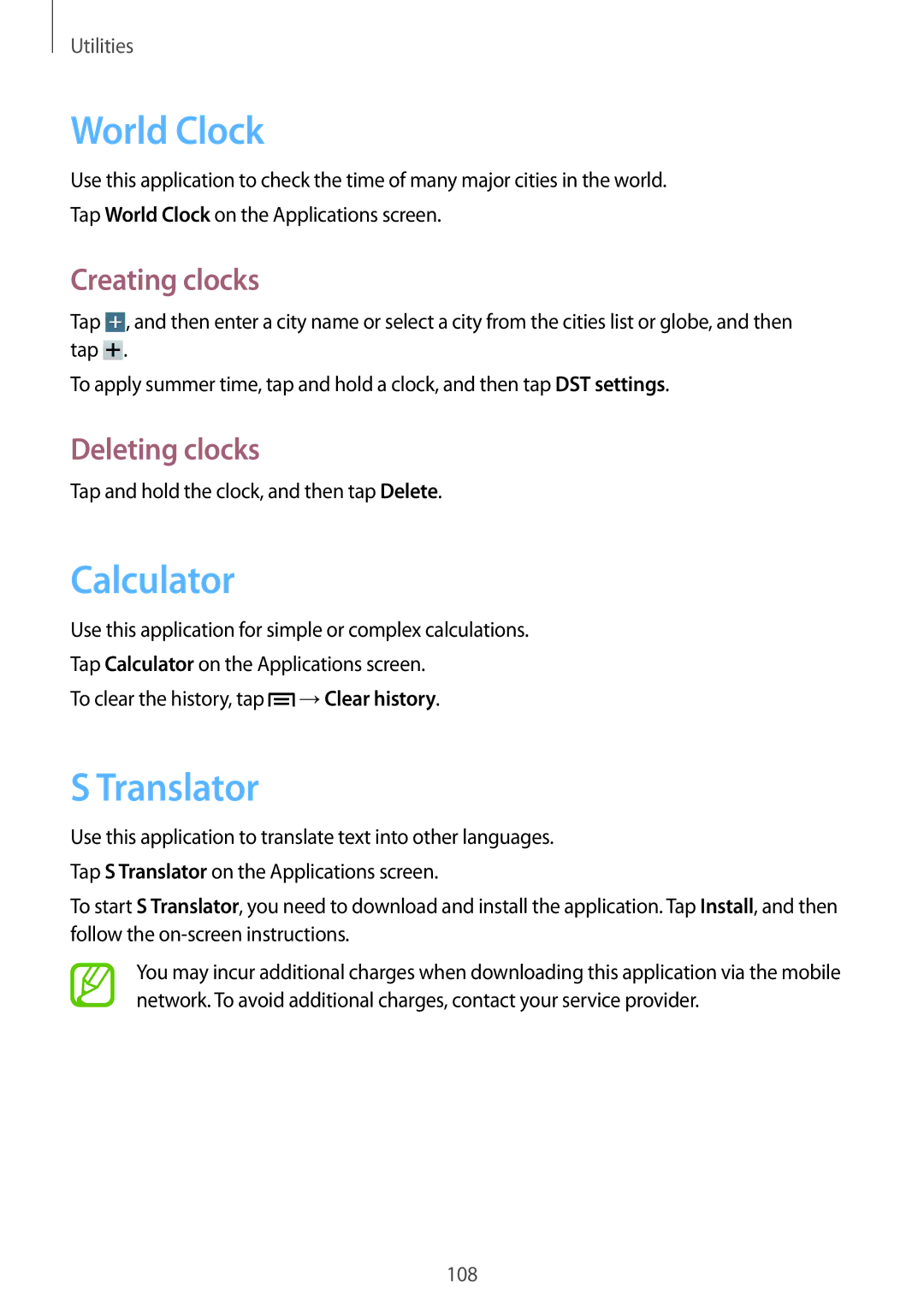 Samsung SM-P6050ZKEXSK, SM-P6050ZKAITV manual World Clock, Calculator, Translator, Creating clocks, Deleting clocks 