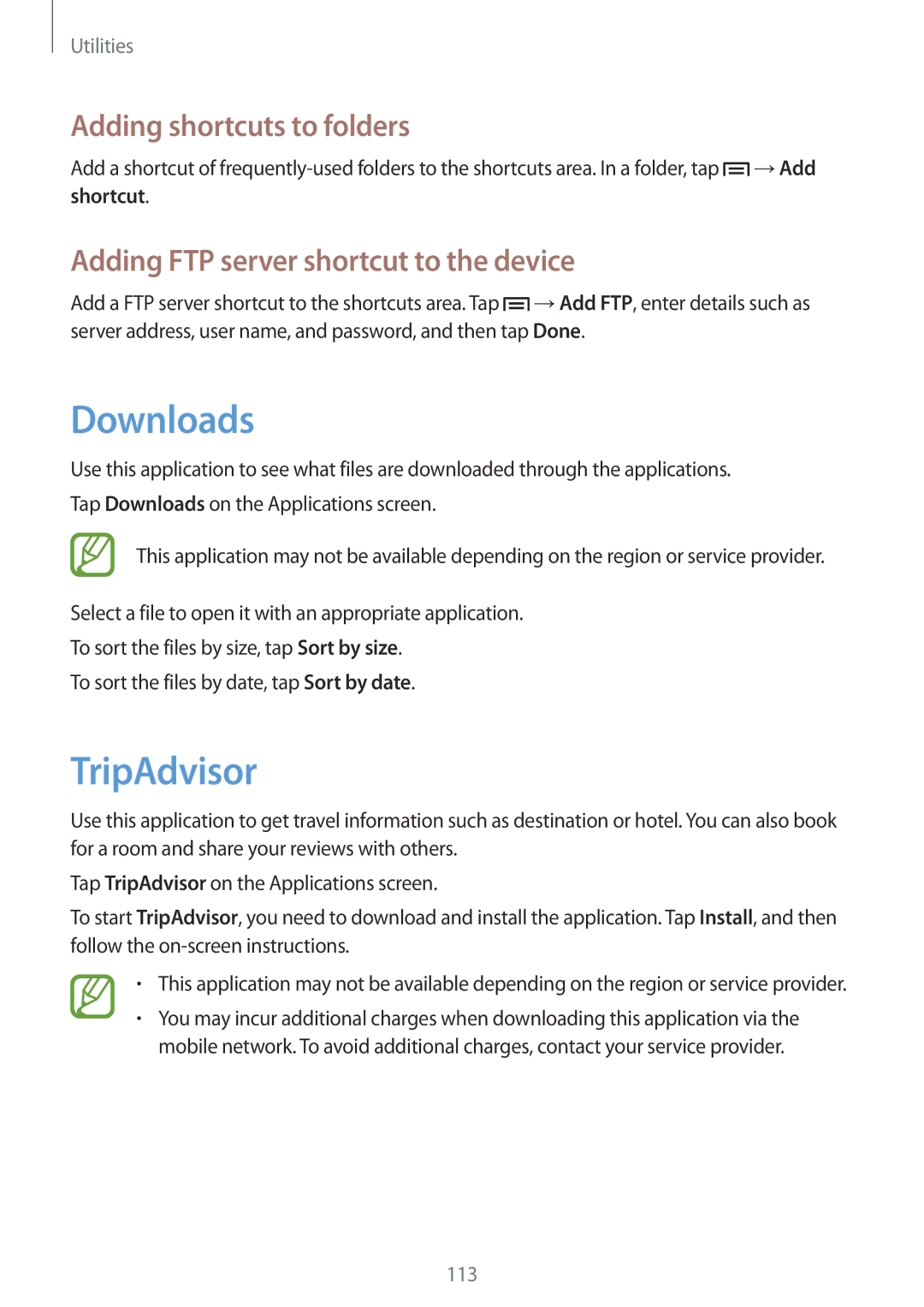 Samsung SM-P6050ZWEXSK manual Downloads, TripAdvisor, Adding shortcuts to folders, Adding FTP server shortcut to the device 