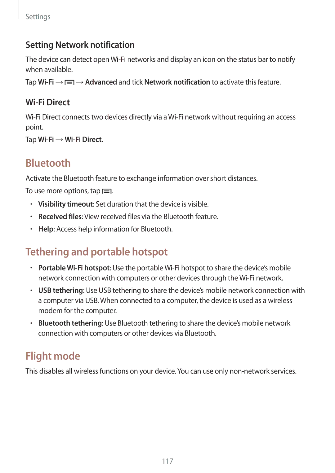 Samsung SM-P6050ZKANEE Bluetooth, Tethering and portable hotspot, Flight mode, Setting Network notification, Wi-Fi Direct 